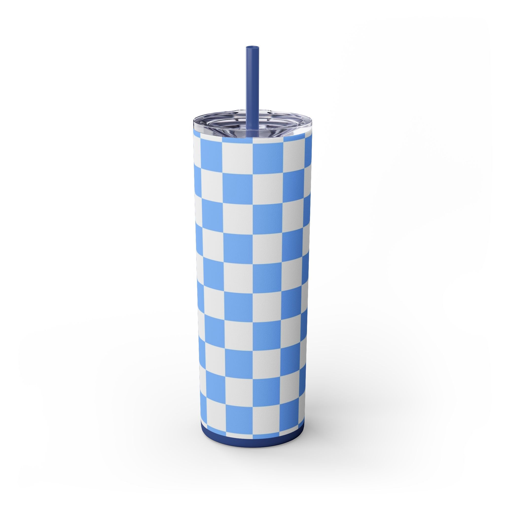 Checkerboard White and Light Blue Skinny Tumbler with Straw, 20oz, Artsulli - Art is Long, Life is Short, Mug, , , , , , , 