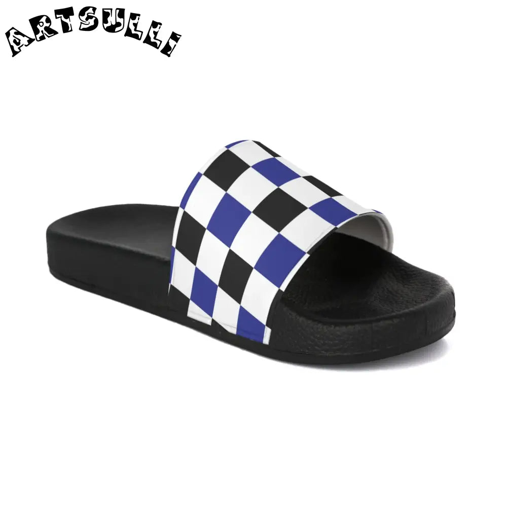 JAKKOUTTHEBXX Checkerboard Blue White and Black Men’s Slide Sandals
