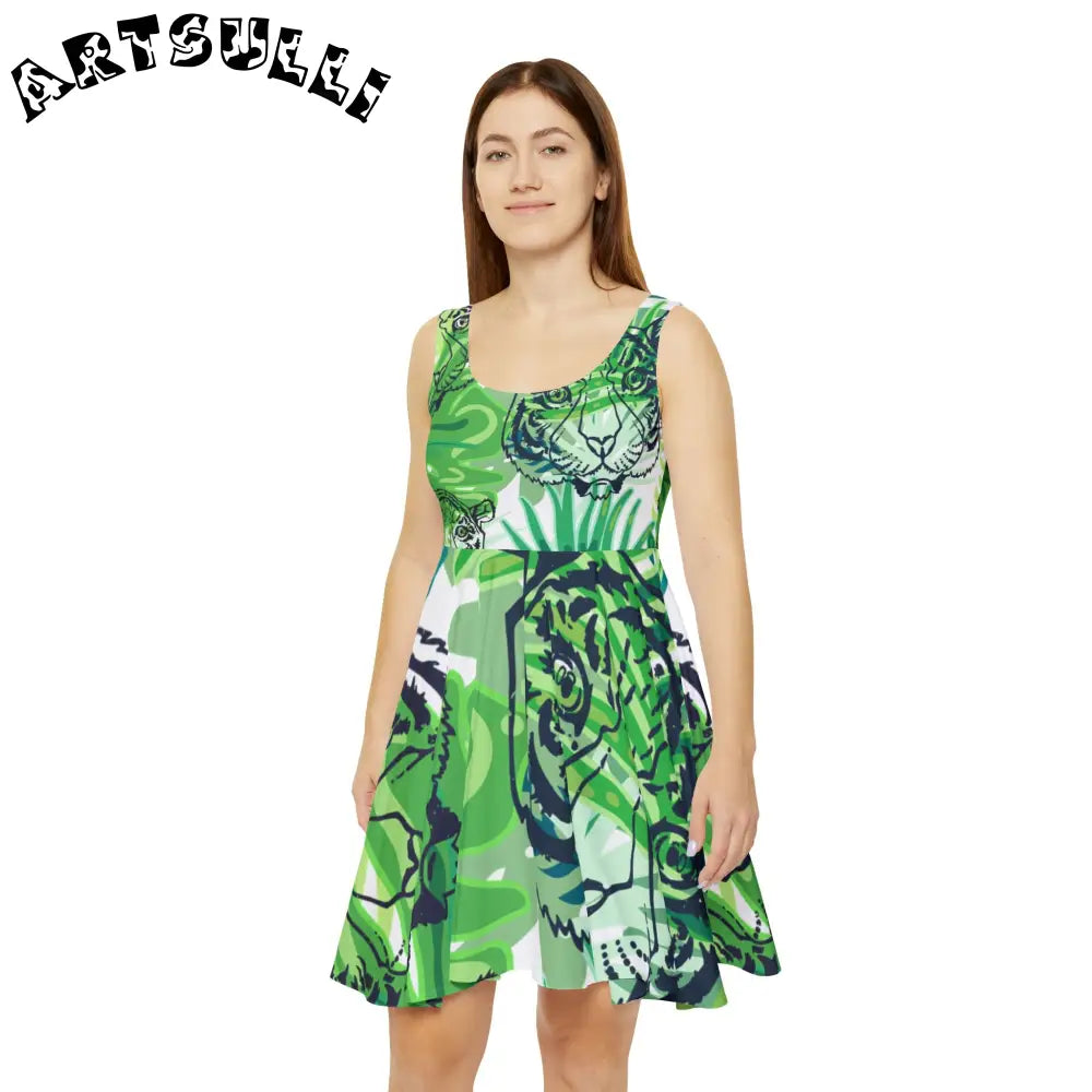JAKKOUTTHEBXX Tropical Jungle Tigers Green Women’s Skater Dress