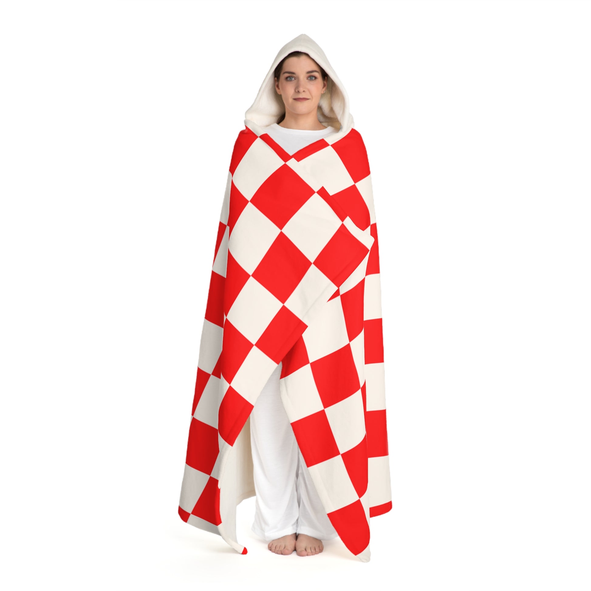 Checkerboard Red and White Hooded Sherpa Fleece Blanket, Artsulli - Art is Long, Life is Short, All Over Prints, , , , , , , 