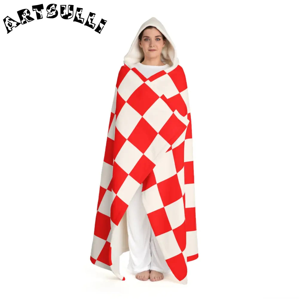 JAKKOUTTHEBXX Checkerboard Red and White Hooded Sherpa Fleece