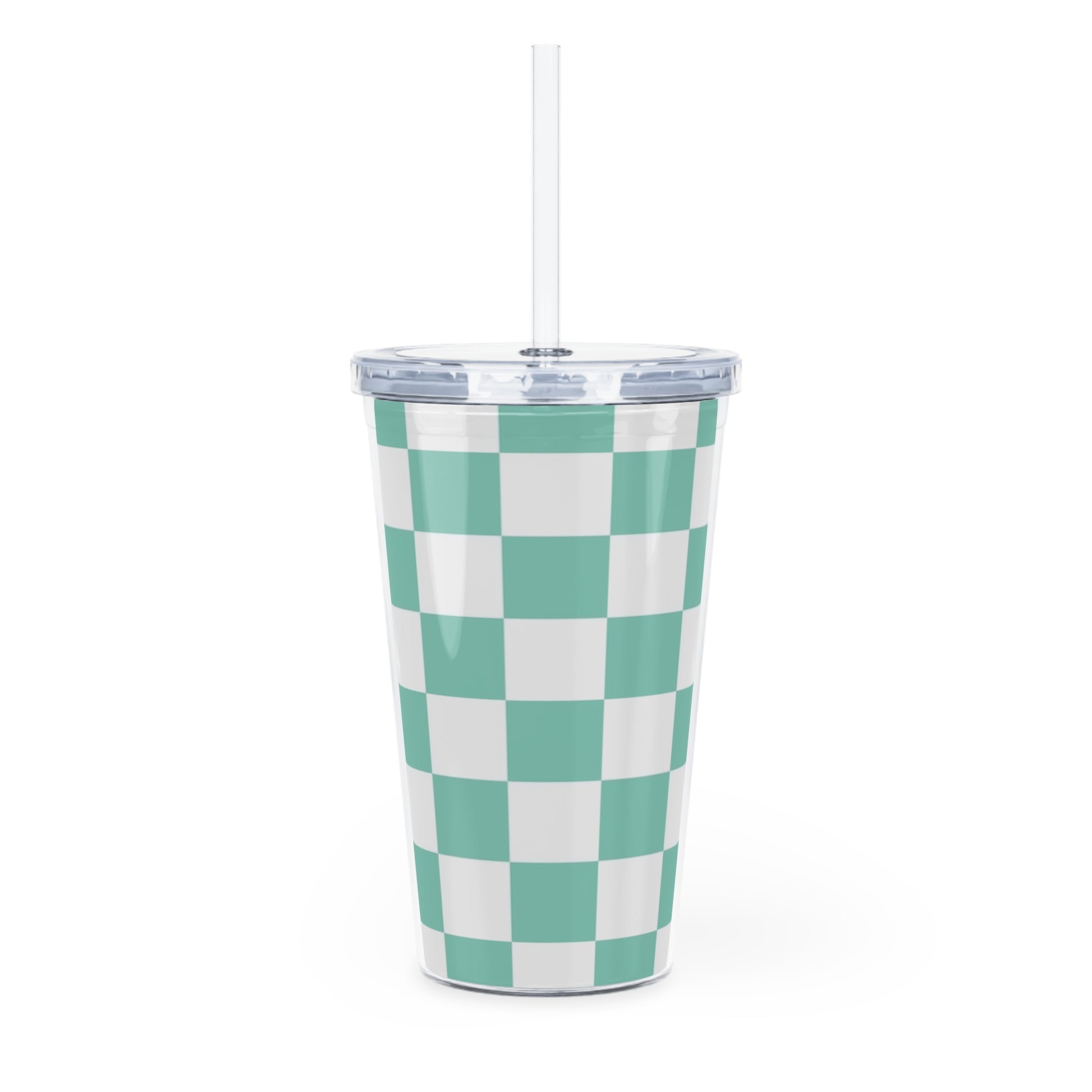 Checkerboard Light Green Plastic Tumbler with Straw, Artsulli - Art is Long, Life is Short, Mug, , , , , , , 