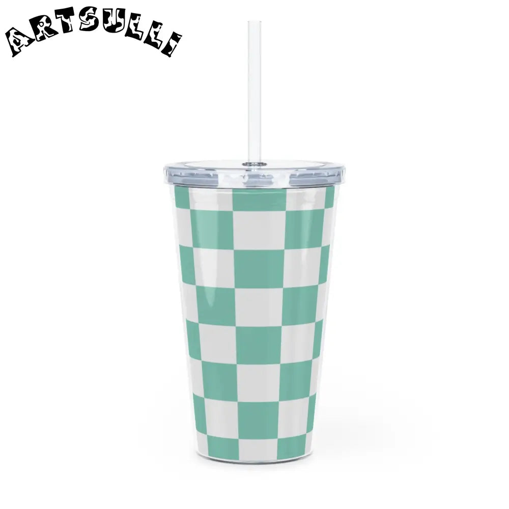 JAKKOUTTHEBXX Checkerboard Light Green Plastic Tumbler with Straw