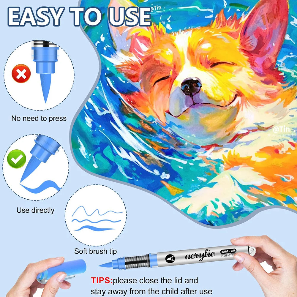 High Coverage Acrylic Paint Markers, Brush Tip Acrylic Paint Pens Set for DIY Crafts & Art Supplies Drawing Kit with Canvas Bag