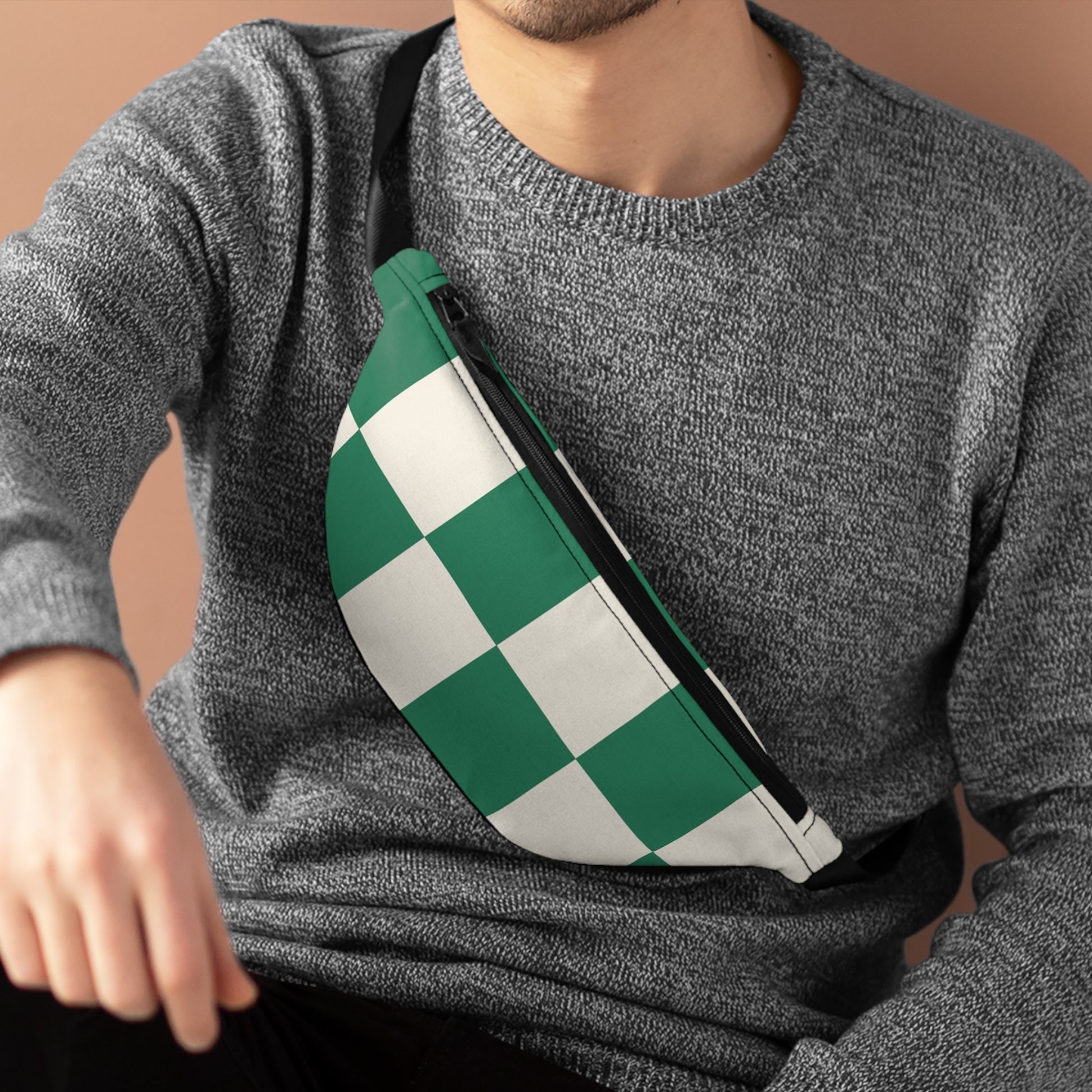 Checkerboard Dark Green Fanny Pack, Artsulli - Art is Long, Life is Short, Bags, , , , , , , 