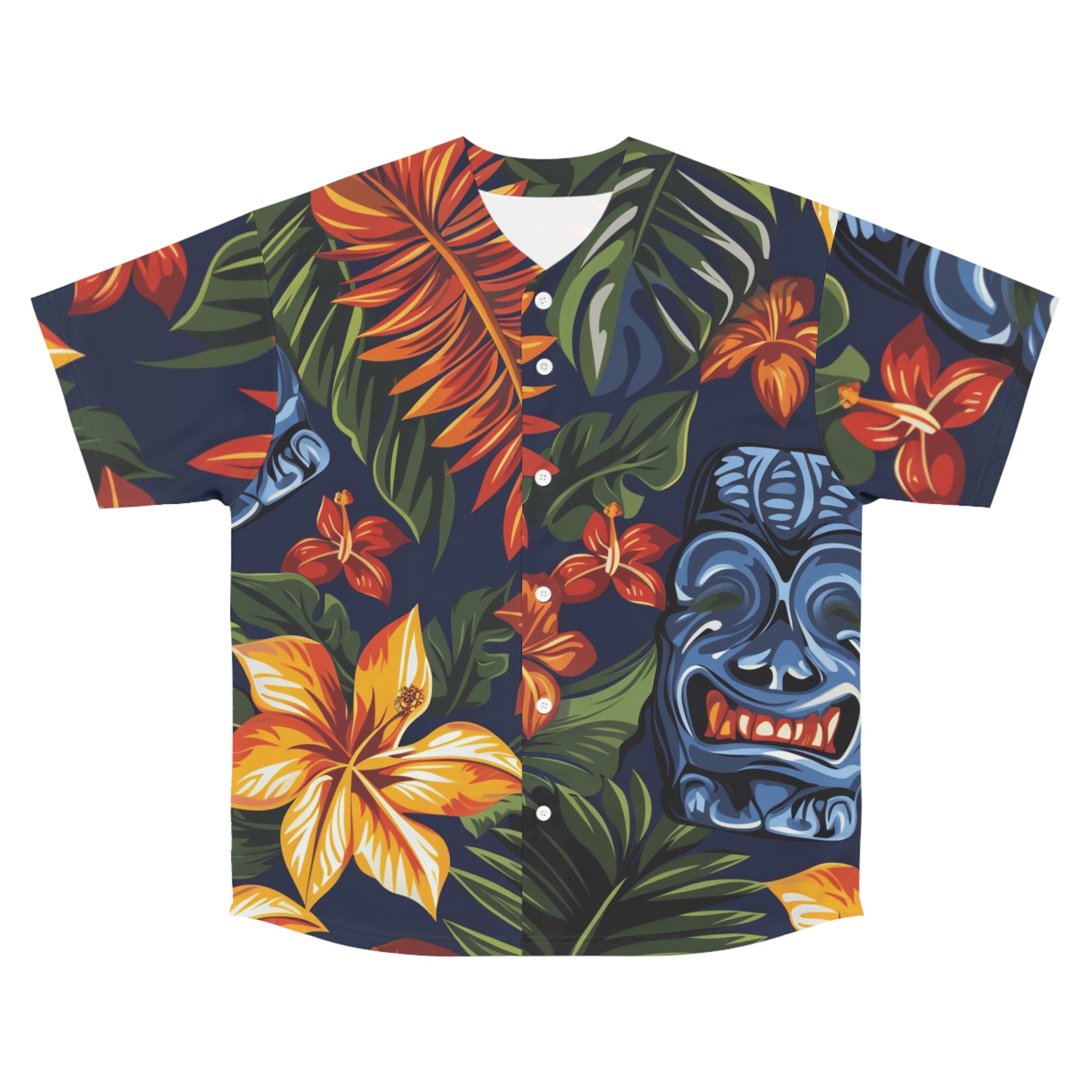 Tiki Bloom Navy Men's Baseball Jersey (AOP), Artsulli - Art is Long, Life is Short, All Over Prints, Size, S, Color, Seam thread color automatically matched to design, , , 25462782763819182505