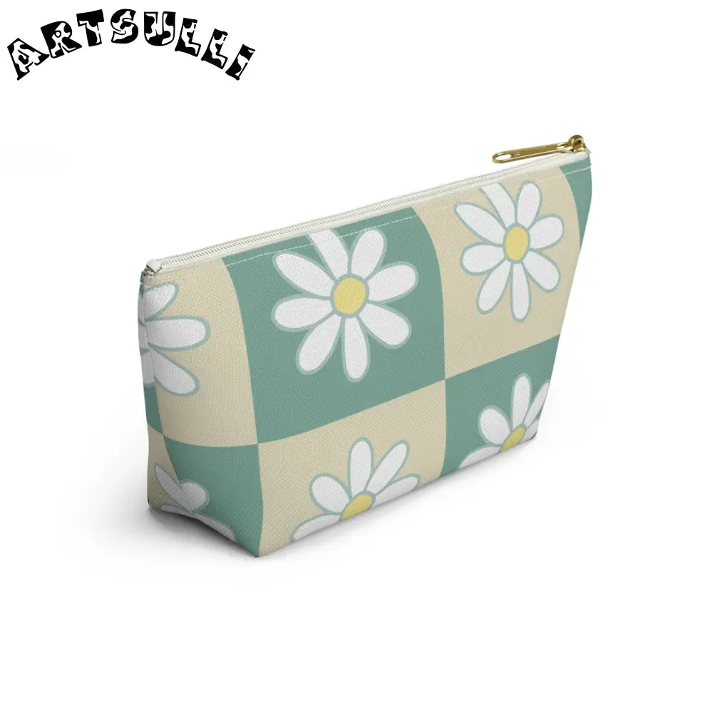 JAKKOUTTHEBXX Retro Daisy Checkerboard Green and Tan Accessory Pouch