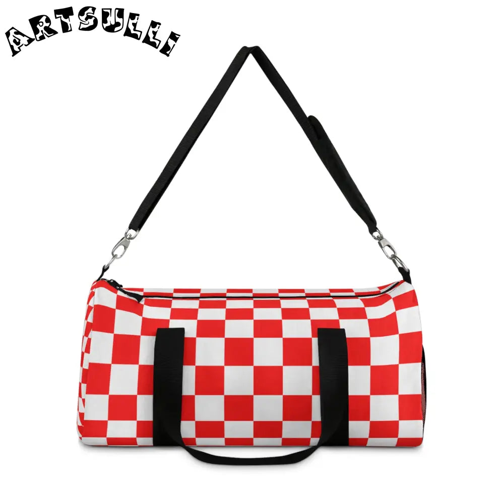 JAKKOUTTHEBXX Checkerboard Red and White Duffel Bag JAKKOUTTHEBXX