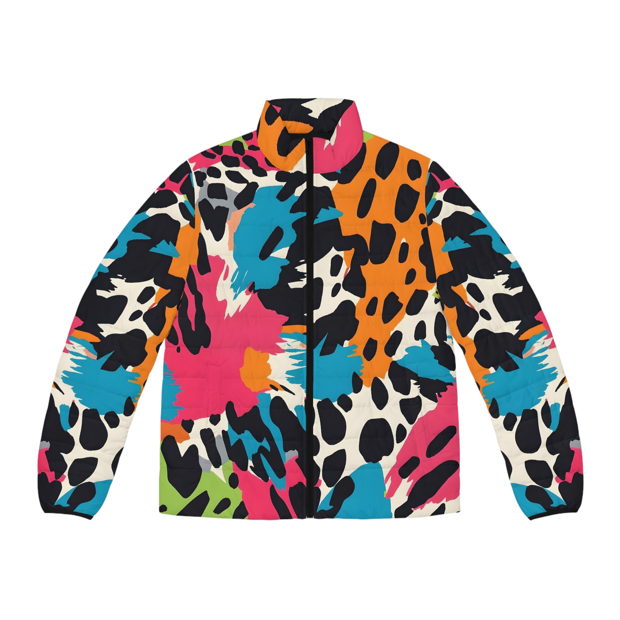 Wild Brush Strokes x Animal Print Multi-Color  Men's Puffer Jacket (AOP), Artsulli - Art is Long, Life is Short, All Over Prints, Size, S, Color, Black zipper, , , 32896931476224220403