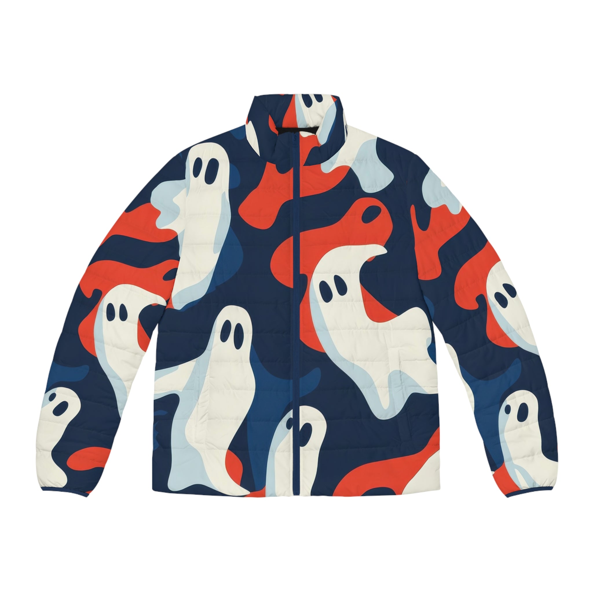 Camo Ghosts Men's Puffer Jacket (AOP), Artsulli - Art is Long, Life is Short, All Over Prints, Size, S, Color, Dark blue zipper, , , 15363744856126