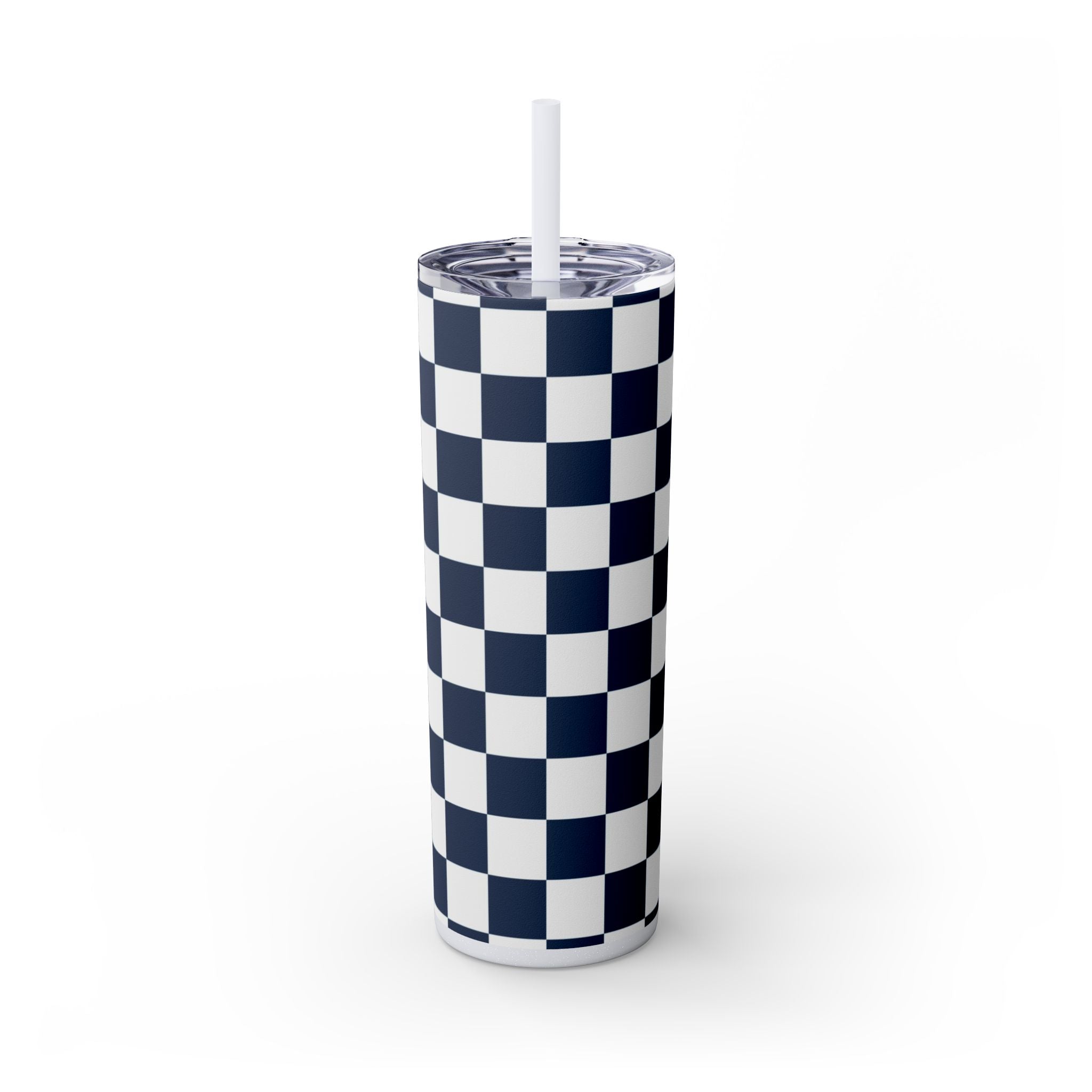 Checkerboard White and Navy Blue Skinny Tumbler with Straw, 20oz, Artsulli - Art is Long, Life is Short, Mug, Finish, Glossy, Color, Glitter Iceberg, Size, 20oz, 12847205994281172423