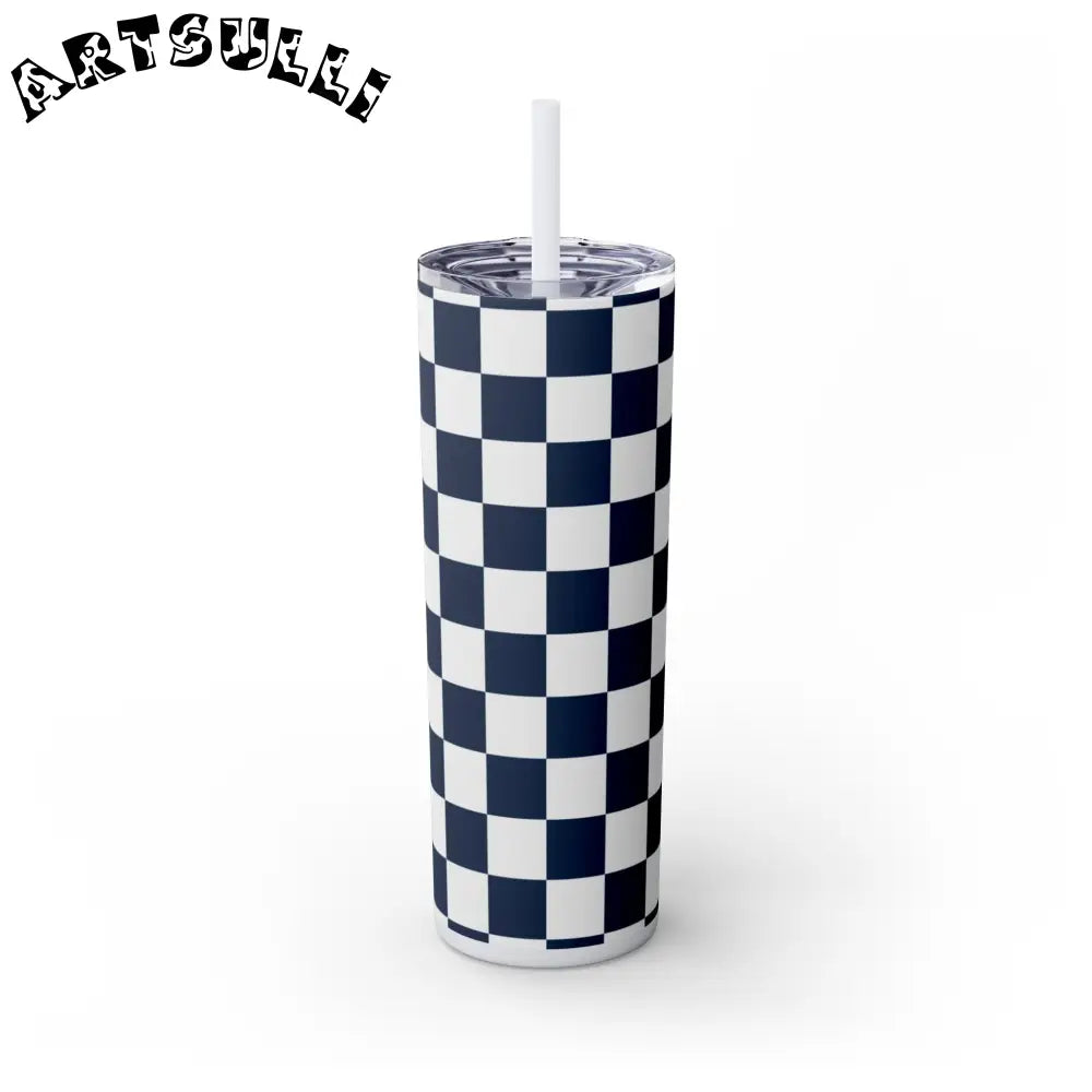 JAKKOUTTHEBXX Checkerboard White and Navy Blue Skinny Tumbler