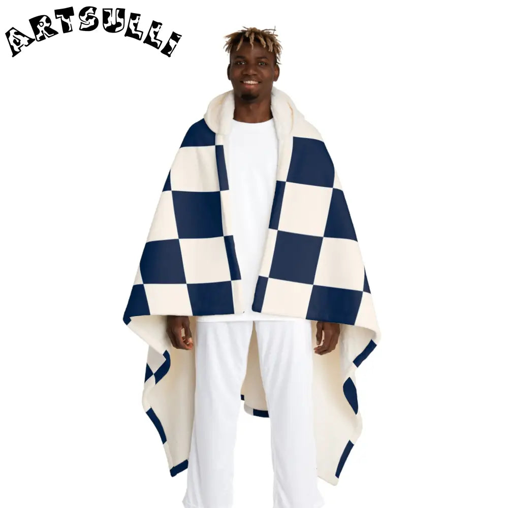 JAKKOUTTHEBXX Checkerboard White and Navy Blue Hooded Sherpa Fleece