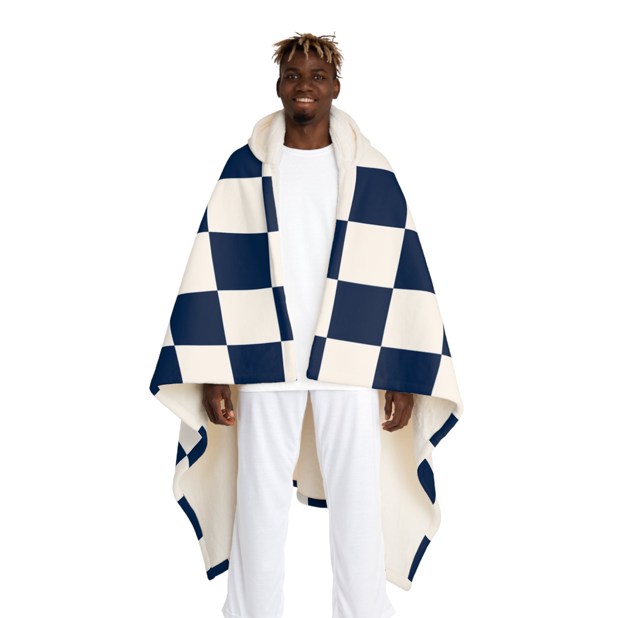 Checkerboard White and Navy Blue Hooded Sherpa Fleece Blanket, Artsulli - Art is Long, Life is Short, All Over Prints, Size, One size, Color, Cream, , , 25117633737487166880