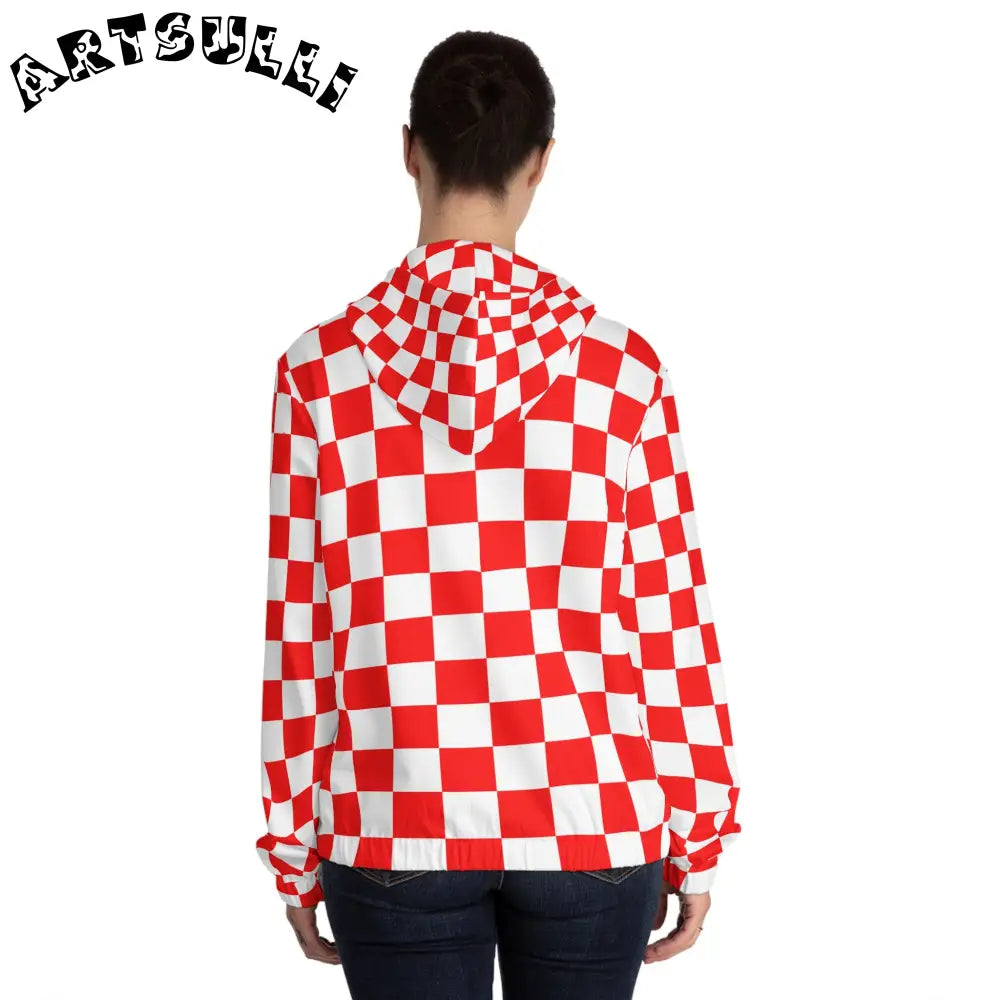JAKKOUTTHEBXX Checkerboard Red and White Women’s Full-Zip Hoodie