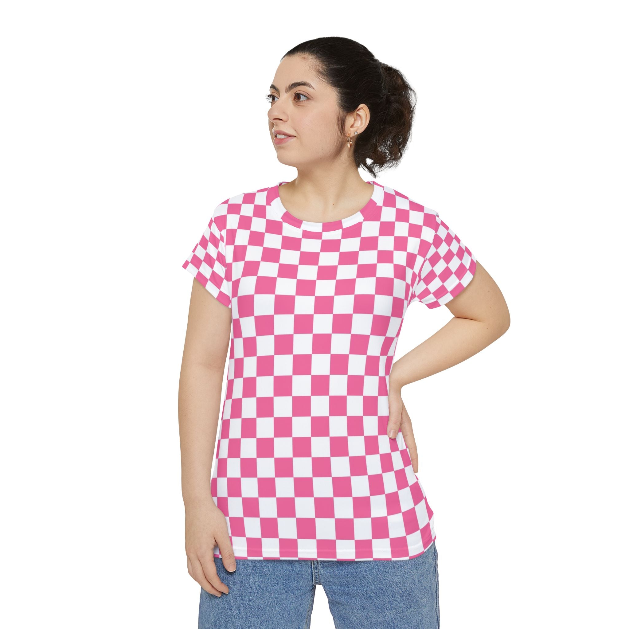 Yuyushiki Pink Check Women's Short Sleeve Shirt (AOP), Artsulli - Art is Long, Life is Short, All Over Prints, , , , , , , 
