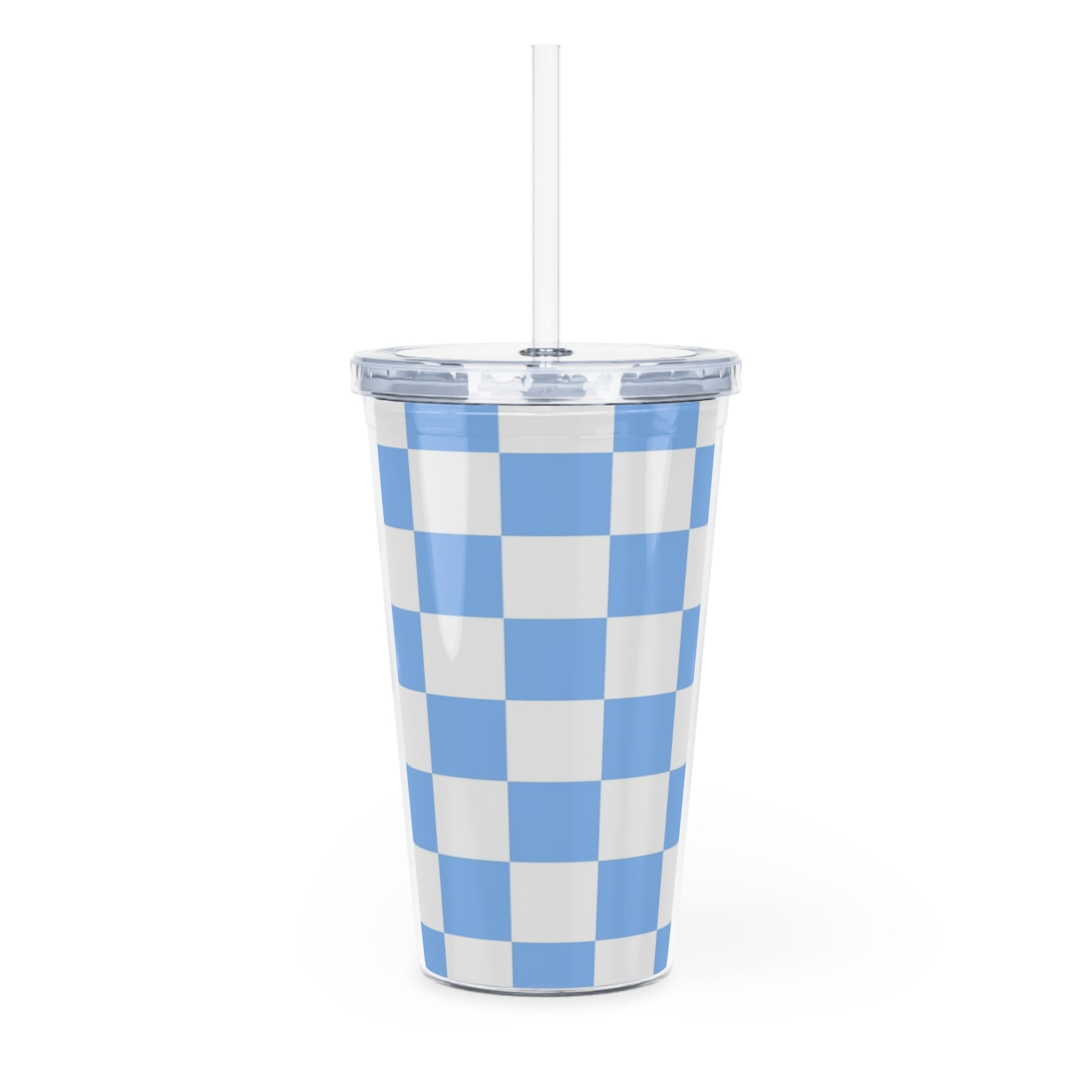 Checkerboard White and Light Blue Plastic Tumbler with Straw, Artsulli - Art is Long, Life is Short, Mug, , , , , , , 