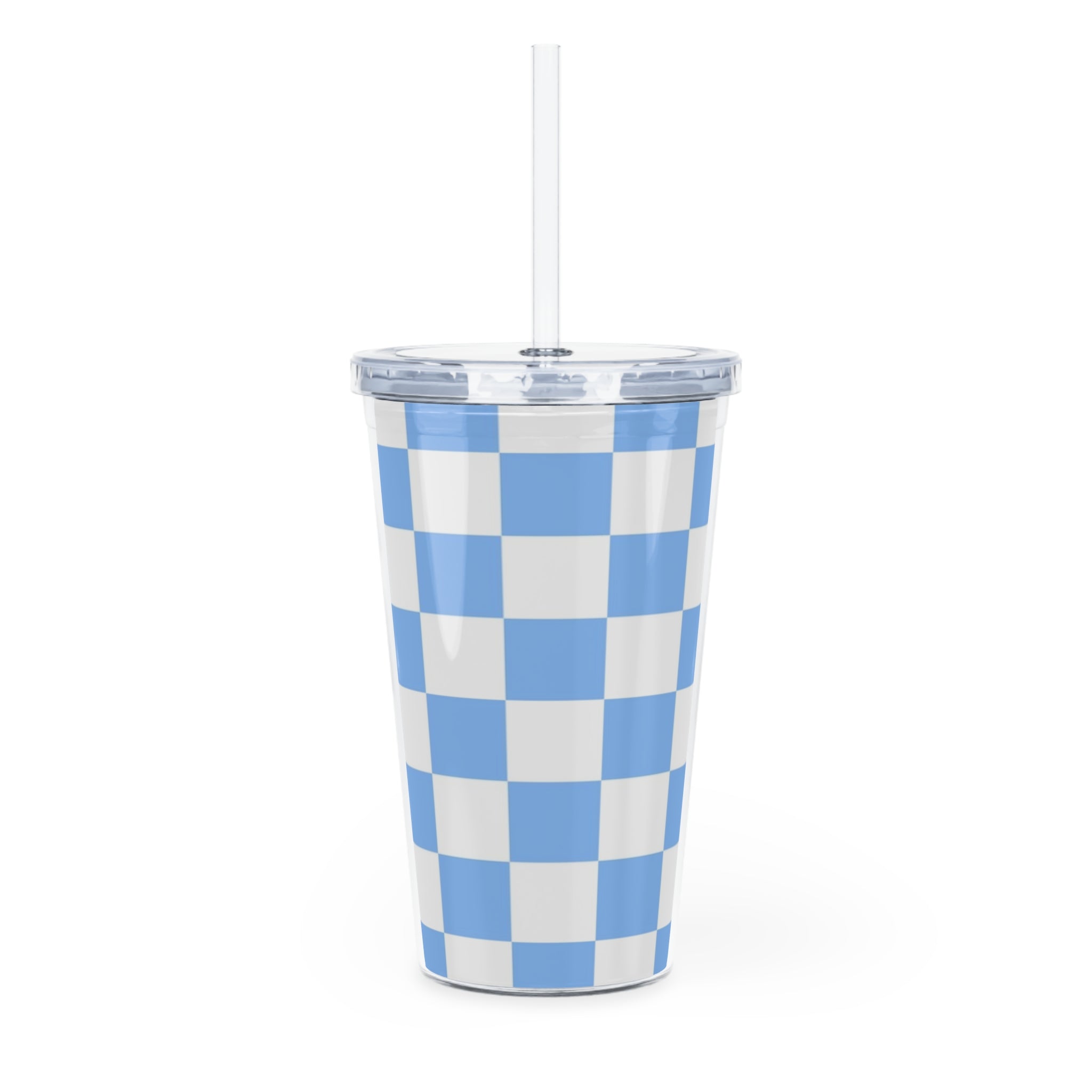 Checkerboard White and Light Blue Plastic Tumbler with Straw, Artsulli - Art is Long, Life is Short, Mug, , , , , , , 