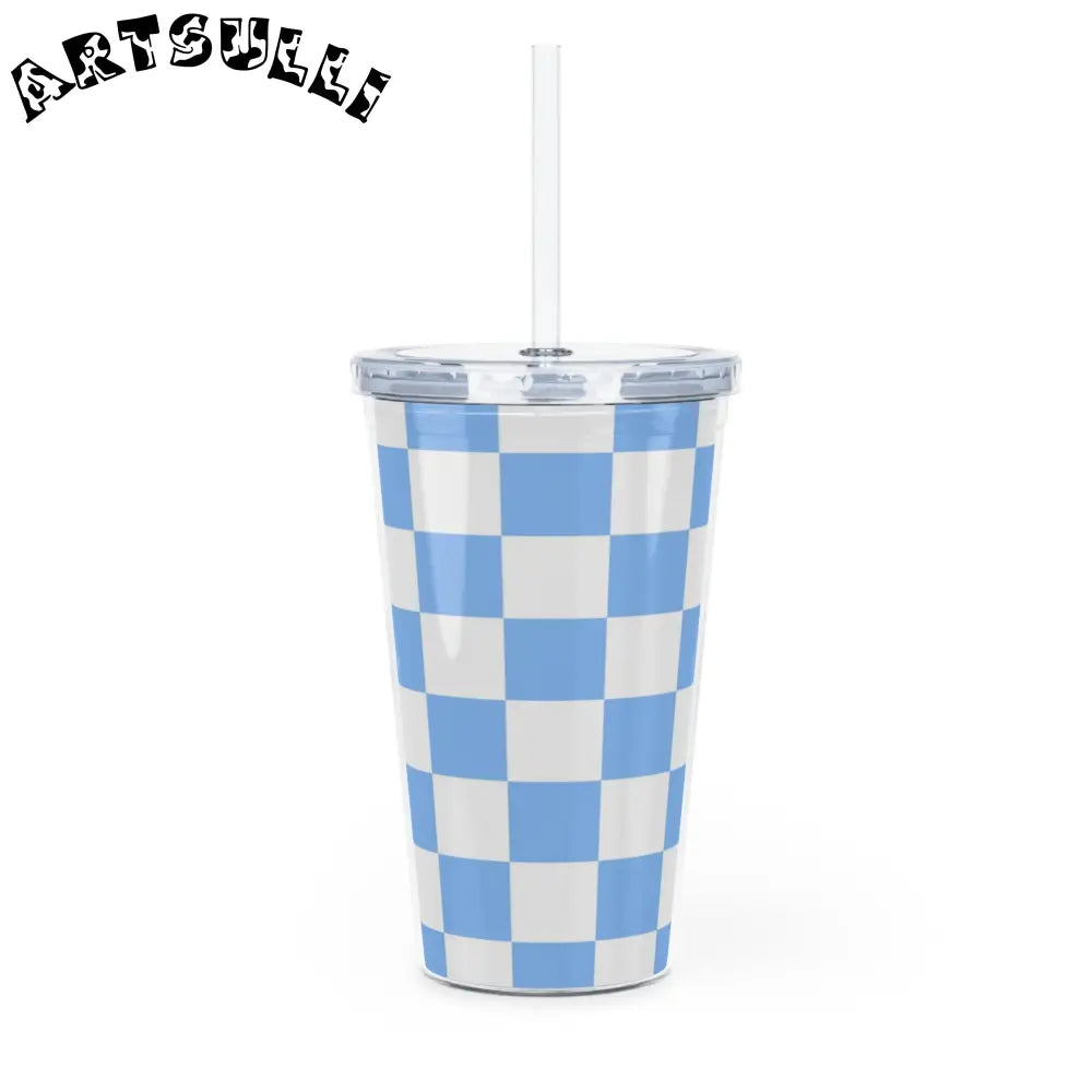 JAKKOUTTHEBXX Checkerboard White and Light Blue Plastic Tumbler