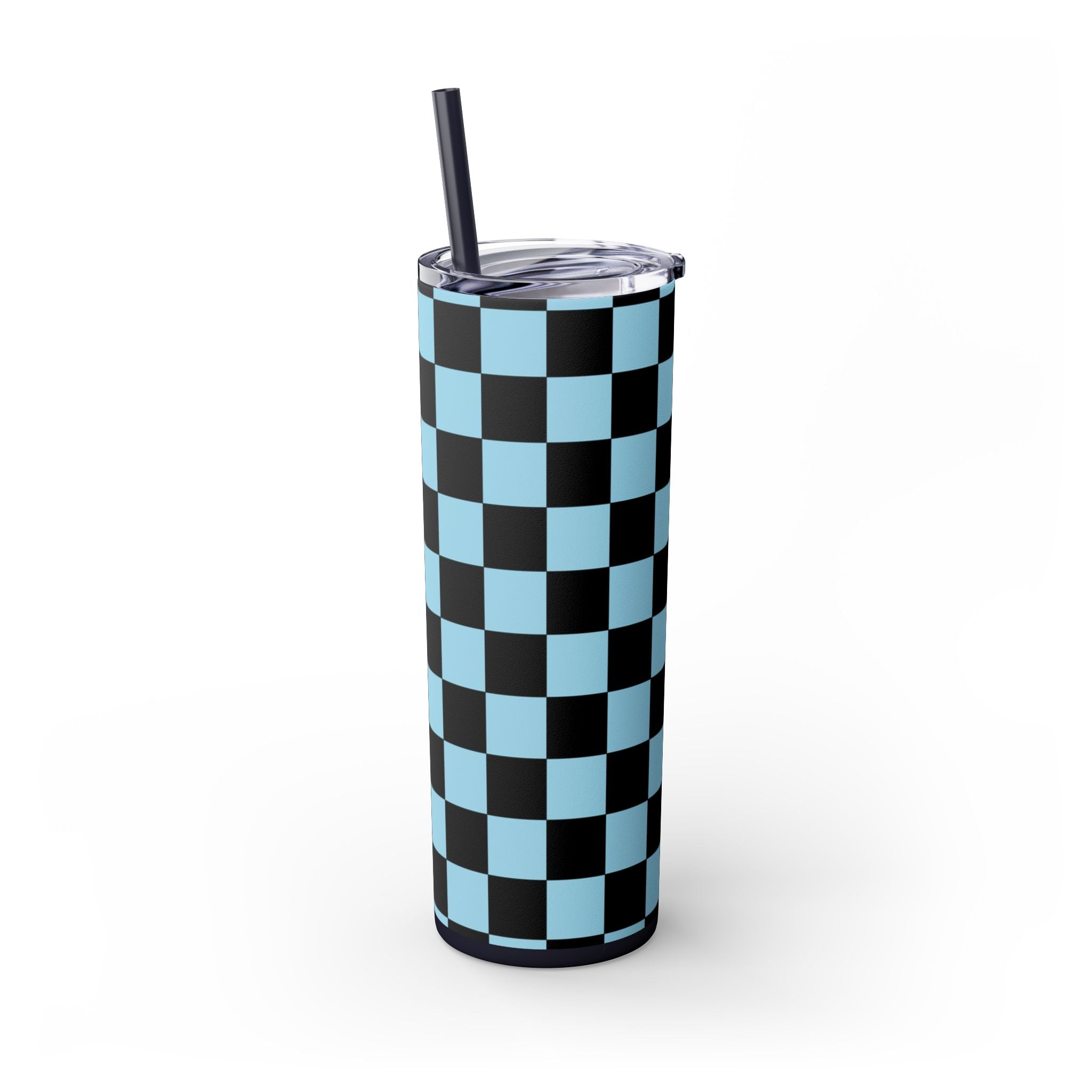 Checkerboard Black and Blue Skinny Tumbler with Straw, 20oz, Artsulli - Art is Long, Life is Short, Mug, , , , , , , 