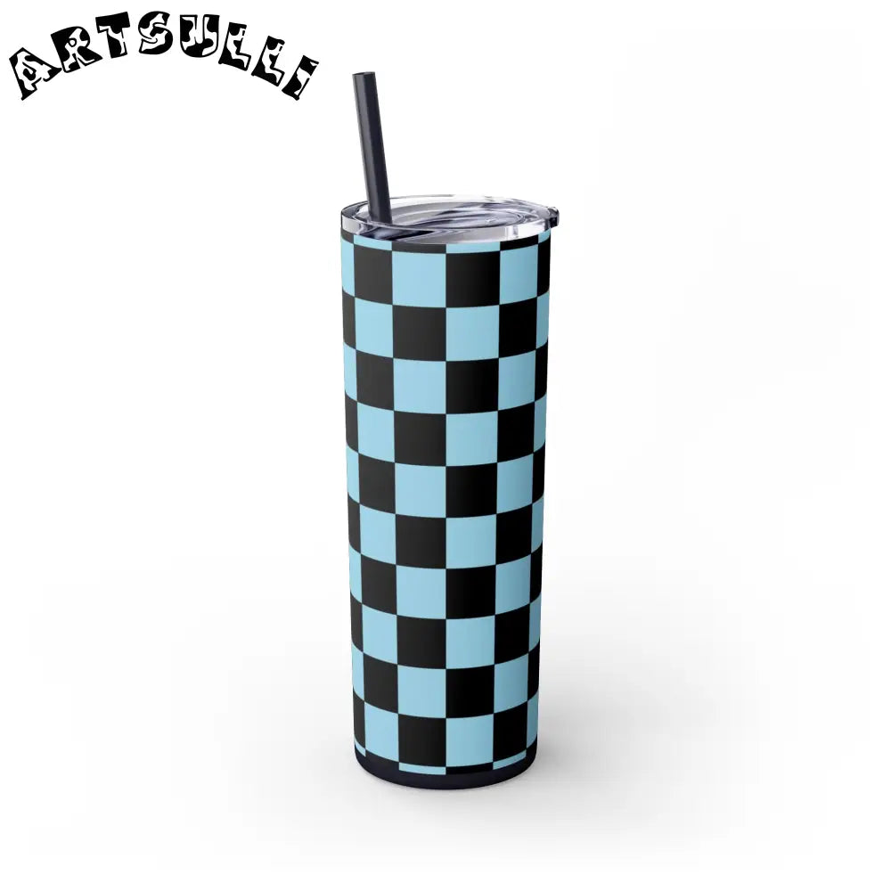 JAKKOUTTHEBXX Checkerboard Black and Blue Skinny Tumbler with Straw