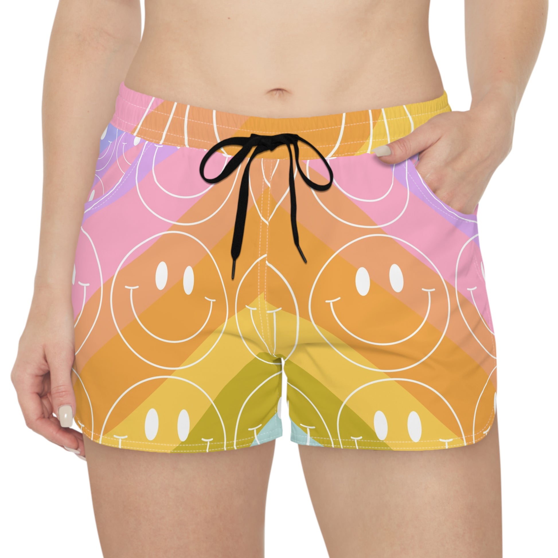 Smiley Face x Rainbow Stripes Multi-Color Women's Casual Shorts (AOP), Artsulli - Art is Long, Life is Short, All Over Prints, , , , , , , 