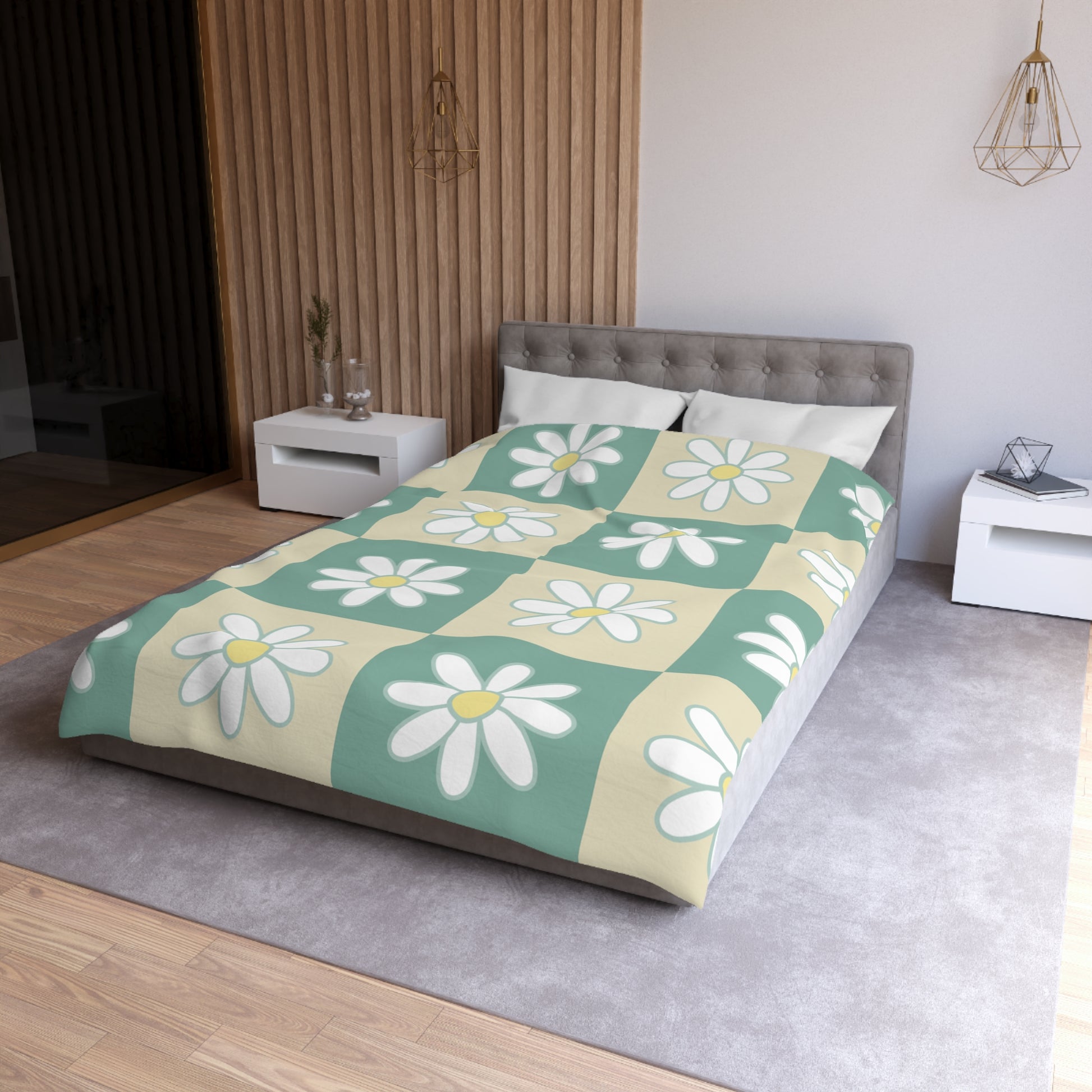 Retro Daisy Checkerboard Green and Tan Microfiber Duvet Cover, Artsulli - Art is Long, Life is Short, Home Decor, , , , , , , 