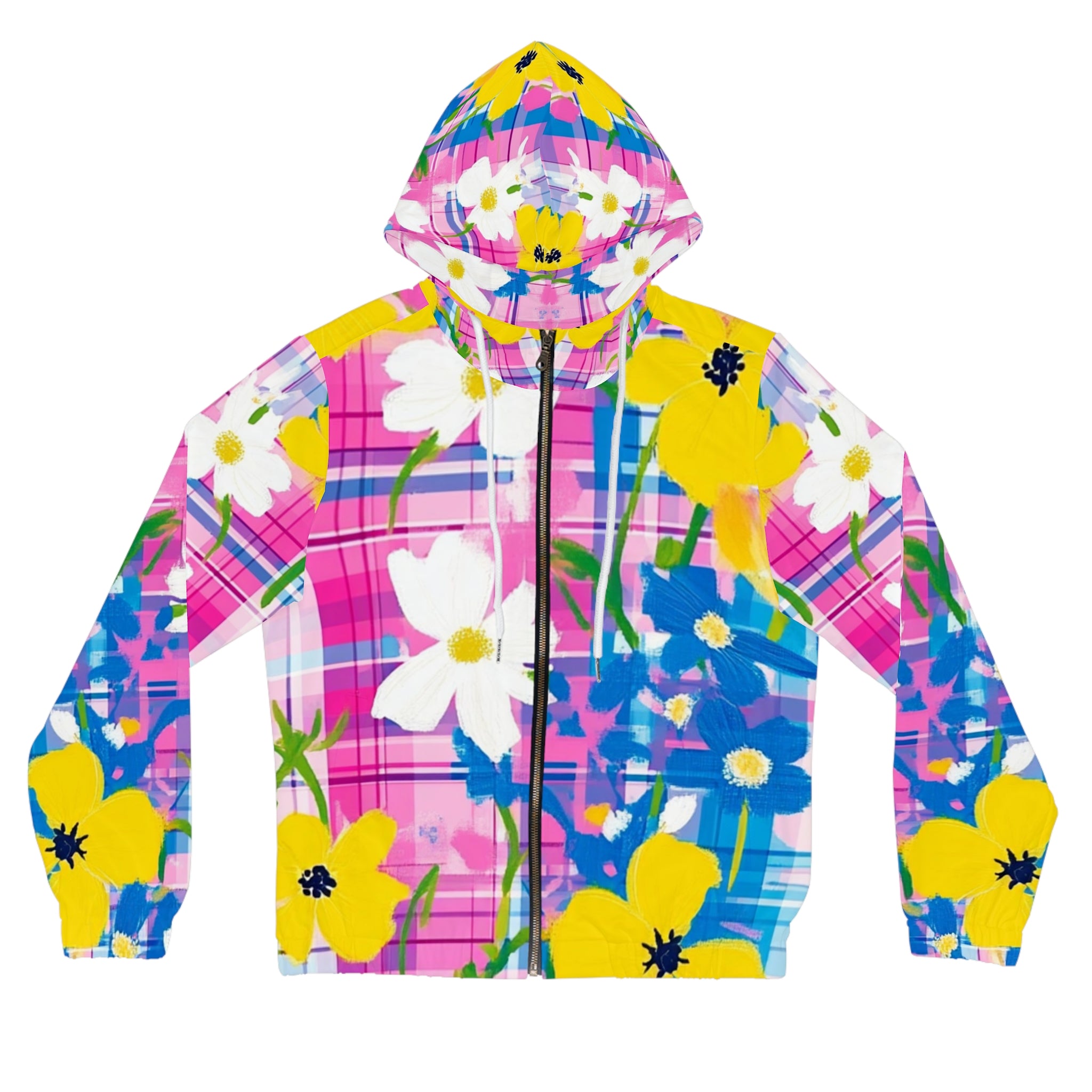 Plaid Garden Pink and Blue Women’s Full-Zip Hoodie (AOP), Artsulli - Art is Long, Life is Short, All Over Prints, Size, XS, Color, White, , , 88734092589651827953