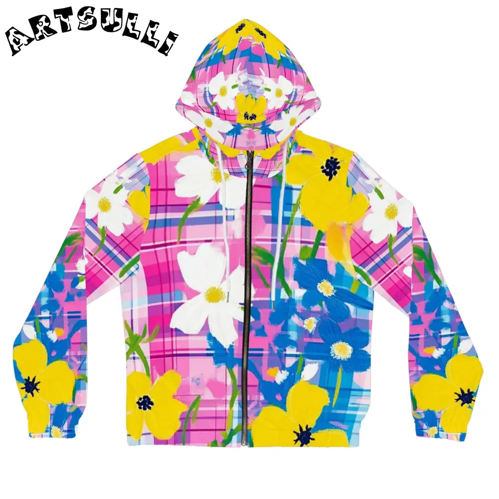 JAKKOUTTHEBXX Plaid Garden Pink and Blue Women’s Full-Zip Hoodie
