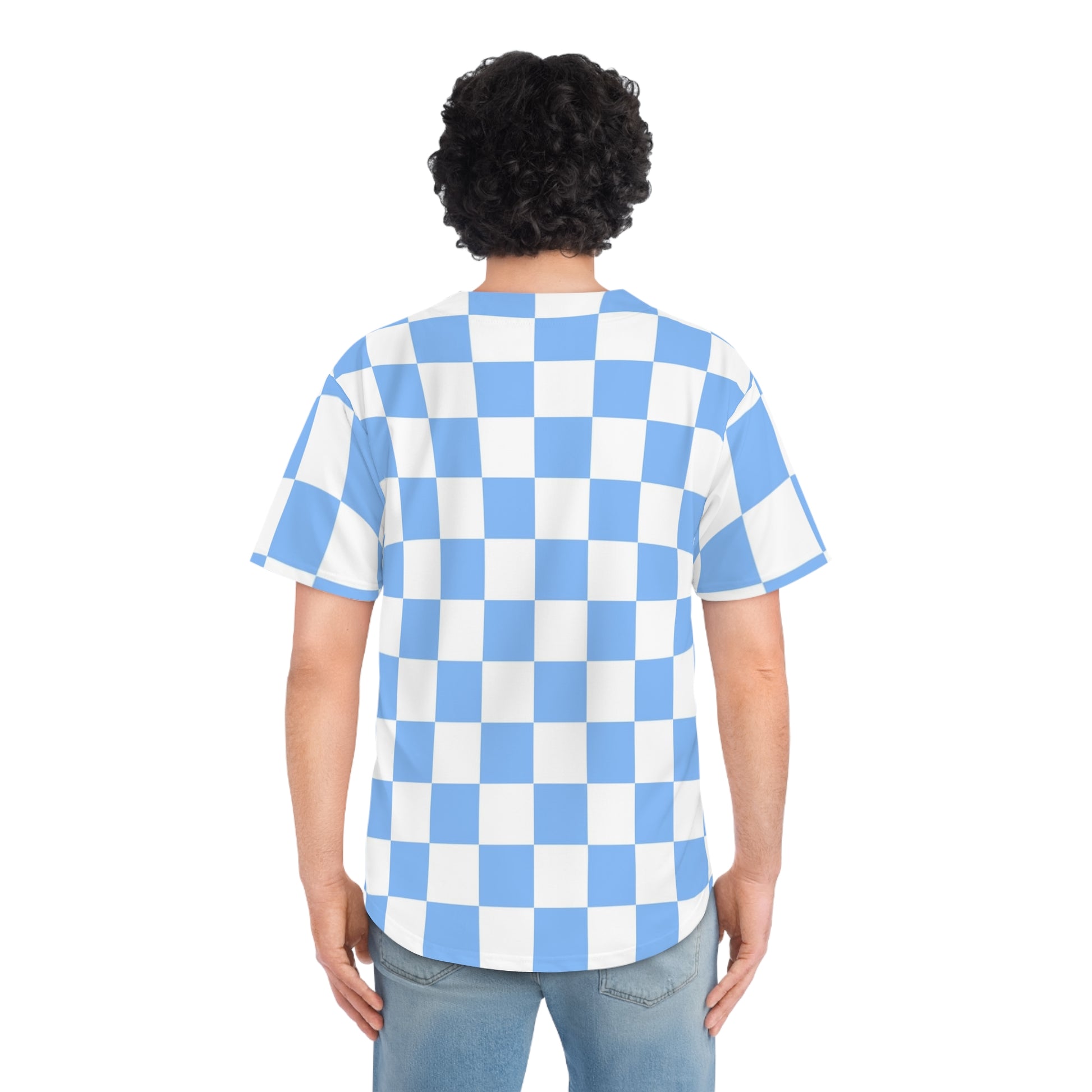 Checkerboard White and Light Blue Men's Baseball Jersey (AOP), Artsulli - Art is Long, Life is Short, All Over Prints, , , , , , , 