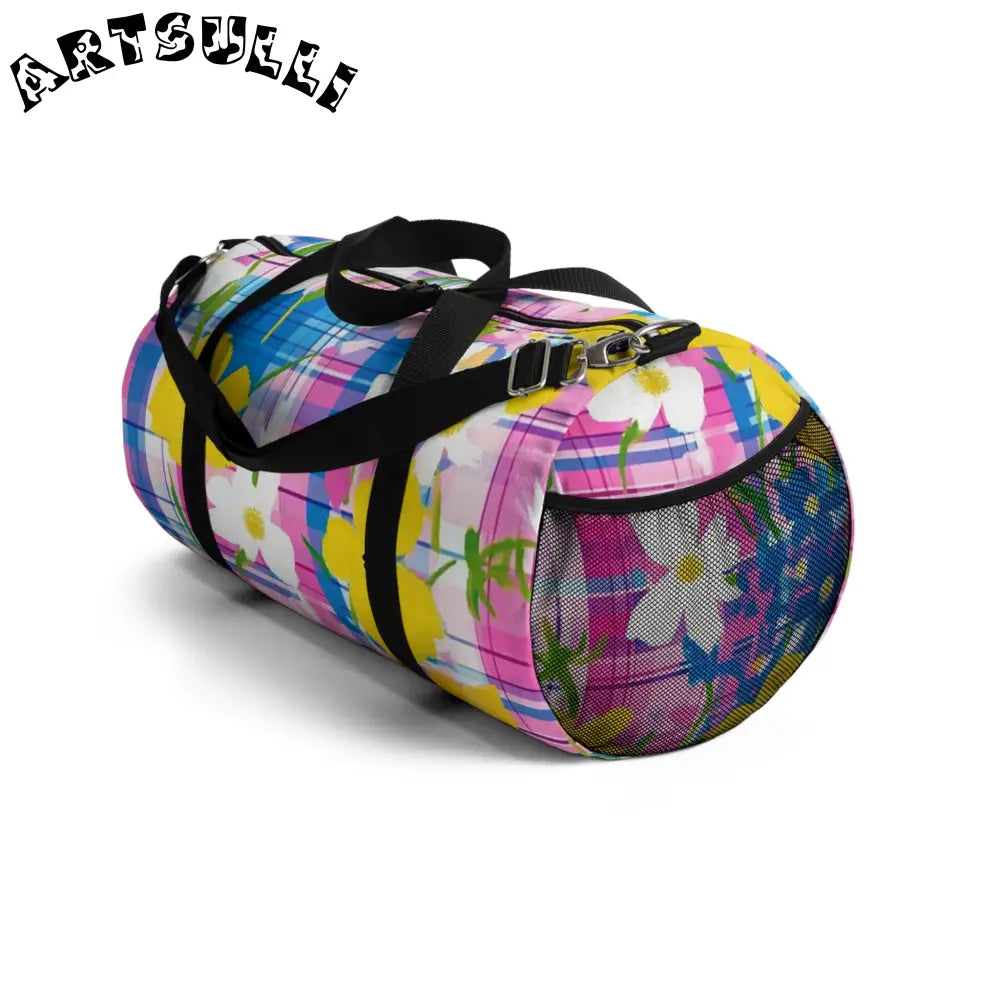 JAKKOUTTHEBXX Plaid Garden II Pink and Purple Duffel Bag