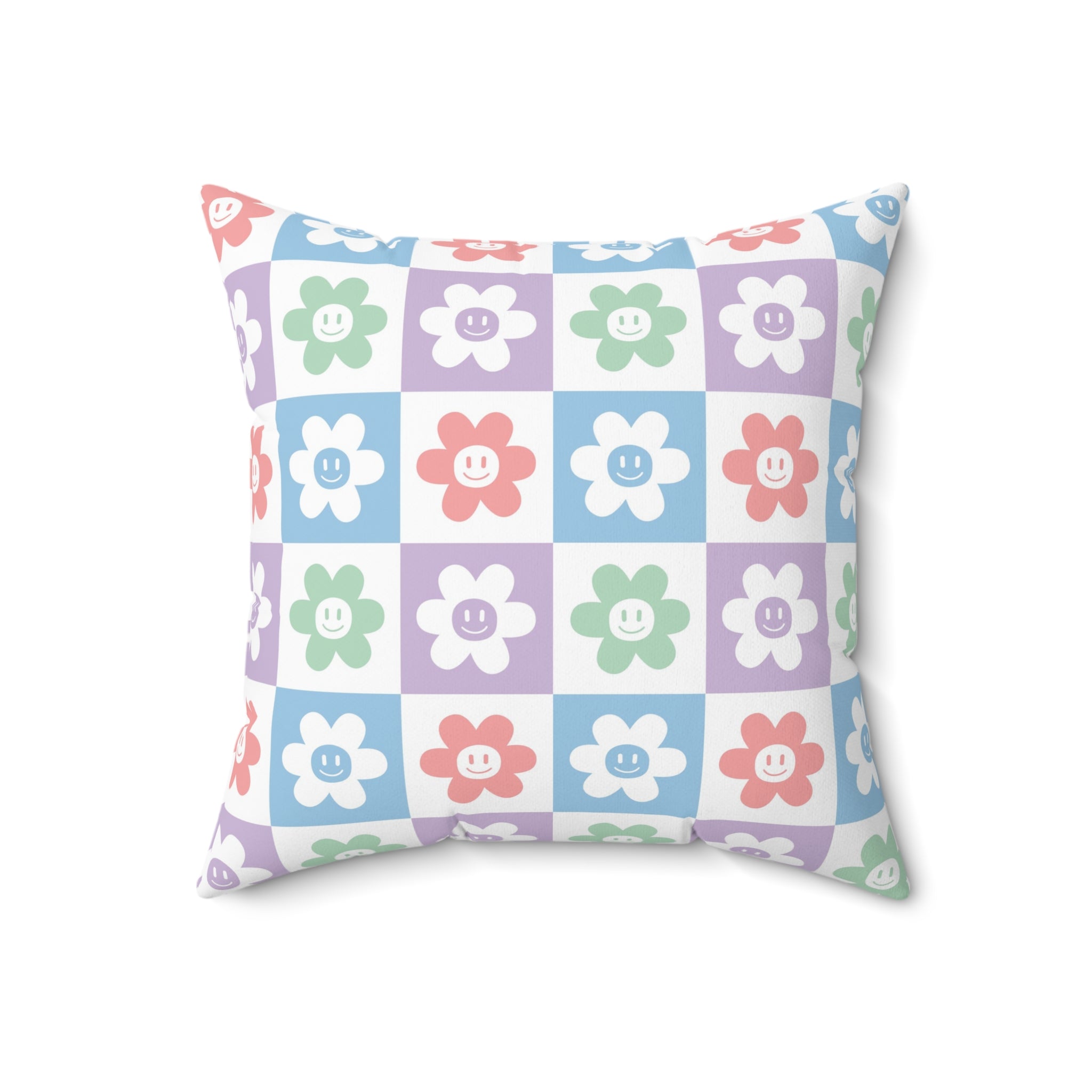 Chessboard x Smiley Face Flowers Multi-Color Spun Polyester Square Pillow, Artsulli - Art is Long, Life is Short, Home Decor, , , , , , , 