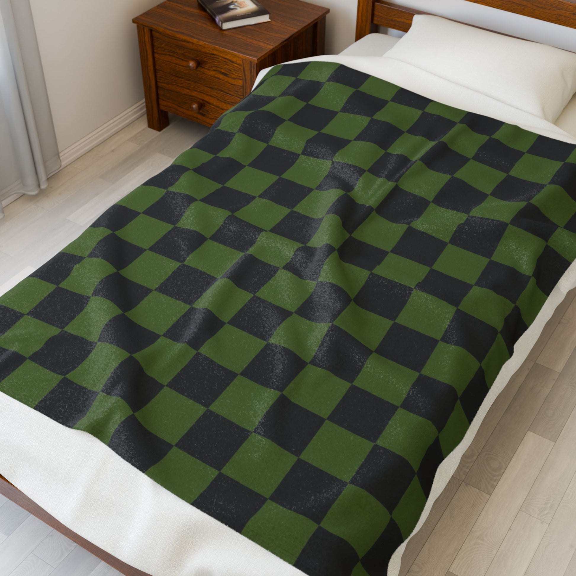 Checkerboard Olive Green and Black Velveteen Plush Blanket, Artsulli - Art is Long, Life is Short, All Over Prints, , , , , , , 