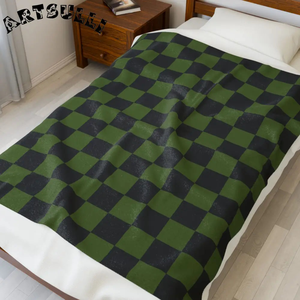 JAKKOUTTHEBXX Checkerboard Olive Green and Black Velveteen Plush