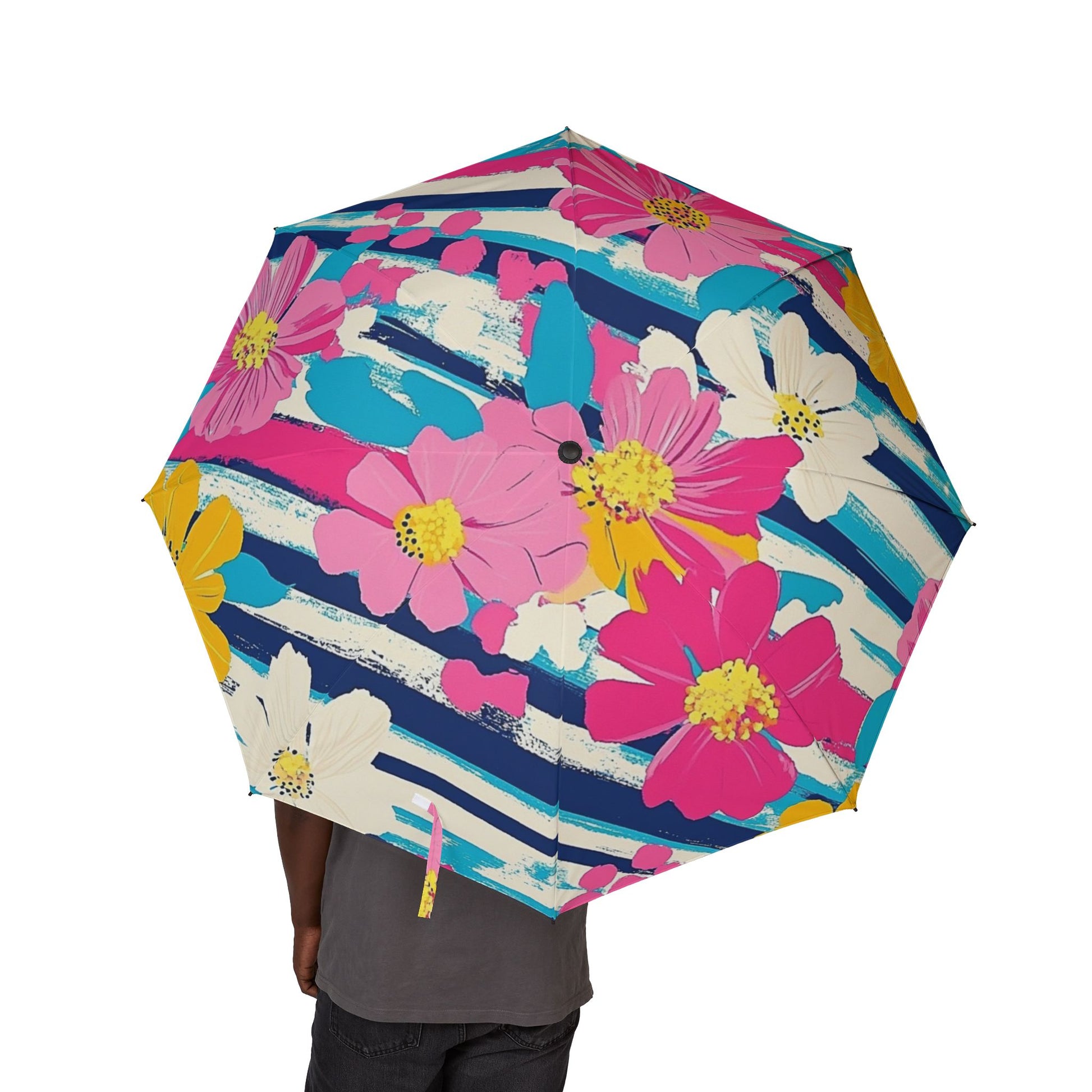 Dayglo Floral Stripes Multi-Color Semi-Automatic Foldable Umbrella, Artsulli - Art is Long, Life is Short, Accessories, , , , , , , 