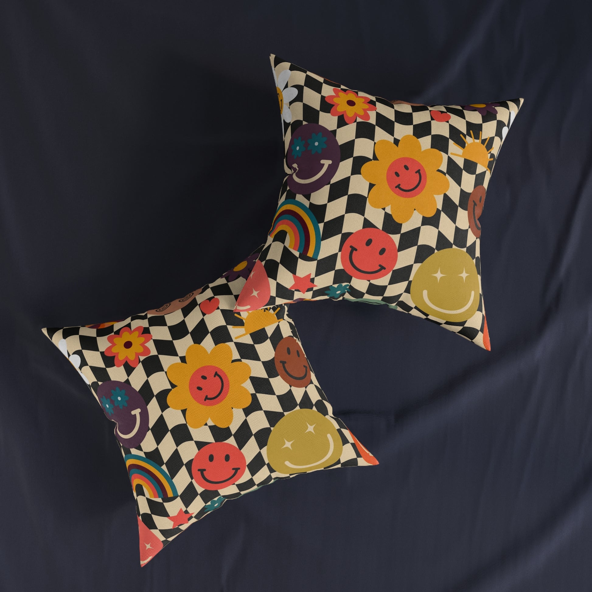 Trippy x Wavy Checkerboard x Smiley Face x Rainbow x Flowers Multi-Color Square Pillow, Artsulli - Art is Long, Life is Short, Home Decor, , , , , , , 