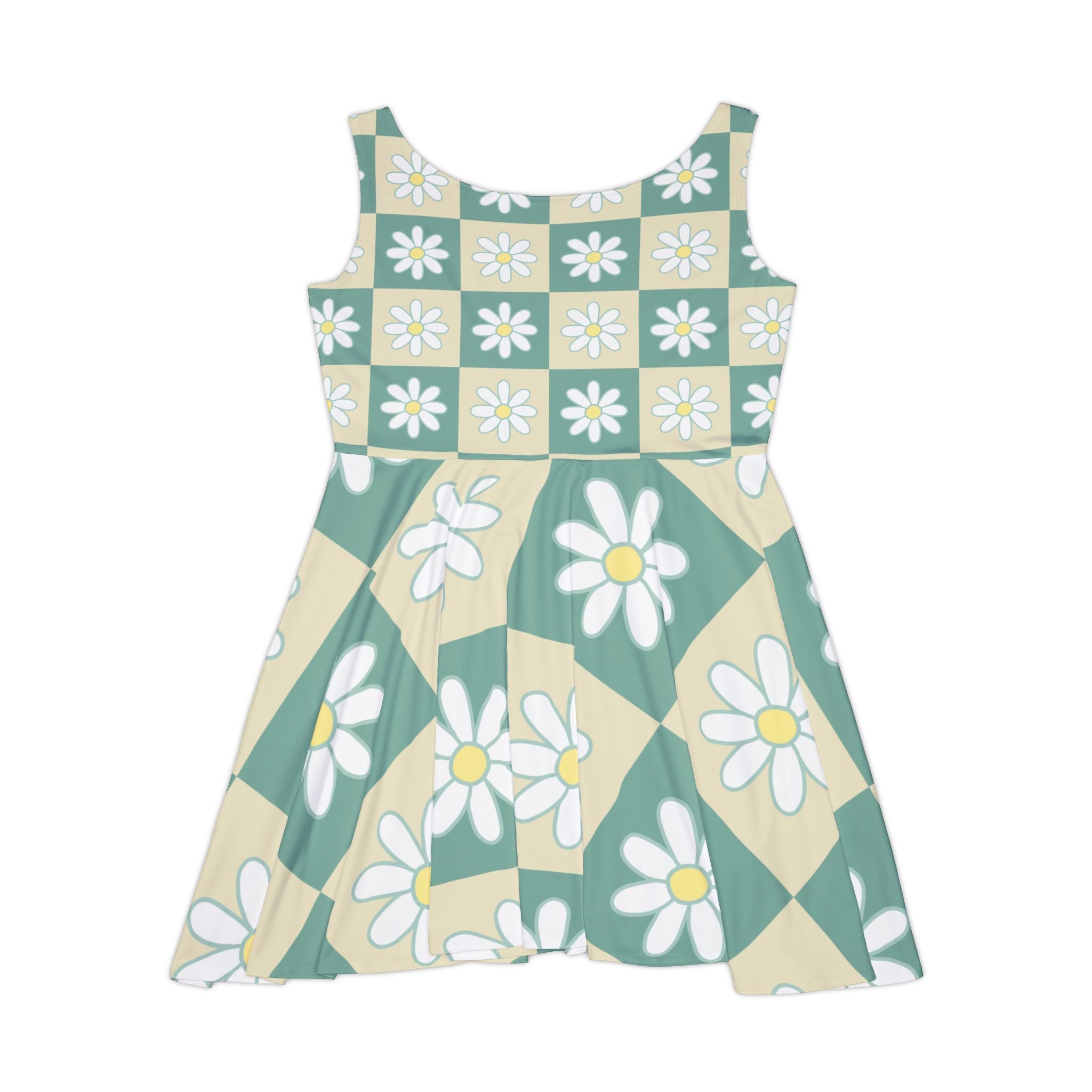 Retro Daisy Grid Retro Daisy Checkerboard Green and Tan Women's Skater Dress (AOP), Artsulli - Art is Long, Life is Short, All Over Prints, , , , , , , 