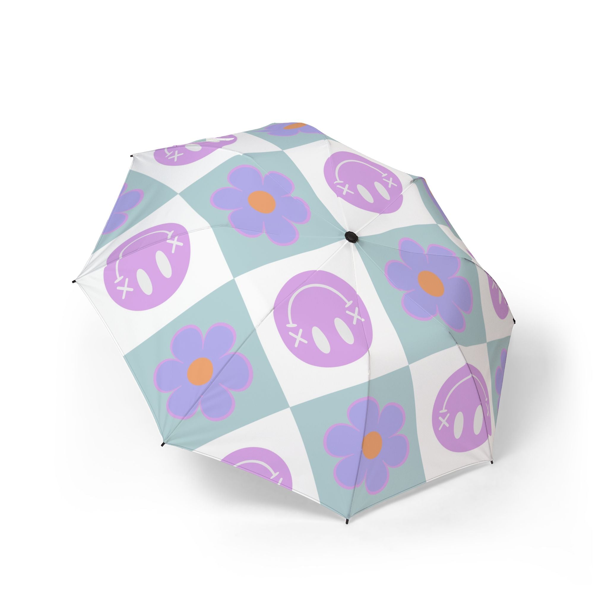 Flower x Smiley Face x Checkerboard Purple Semi-Automatic Foldable Umbrella, Artsulli - Art is Long, Life is Short, Accessories, Size, One size, , , , , 31407707414262
