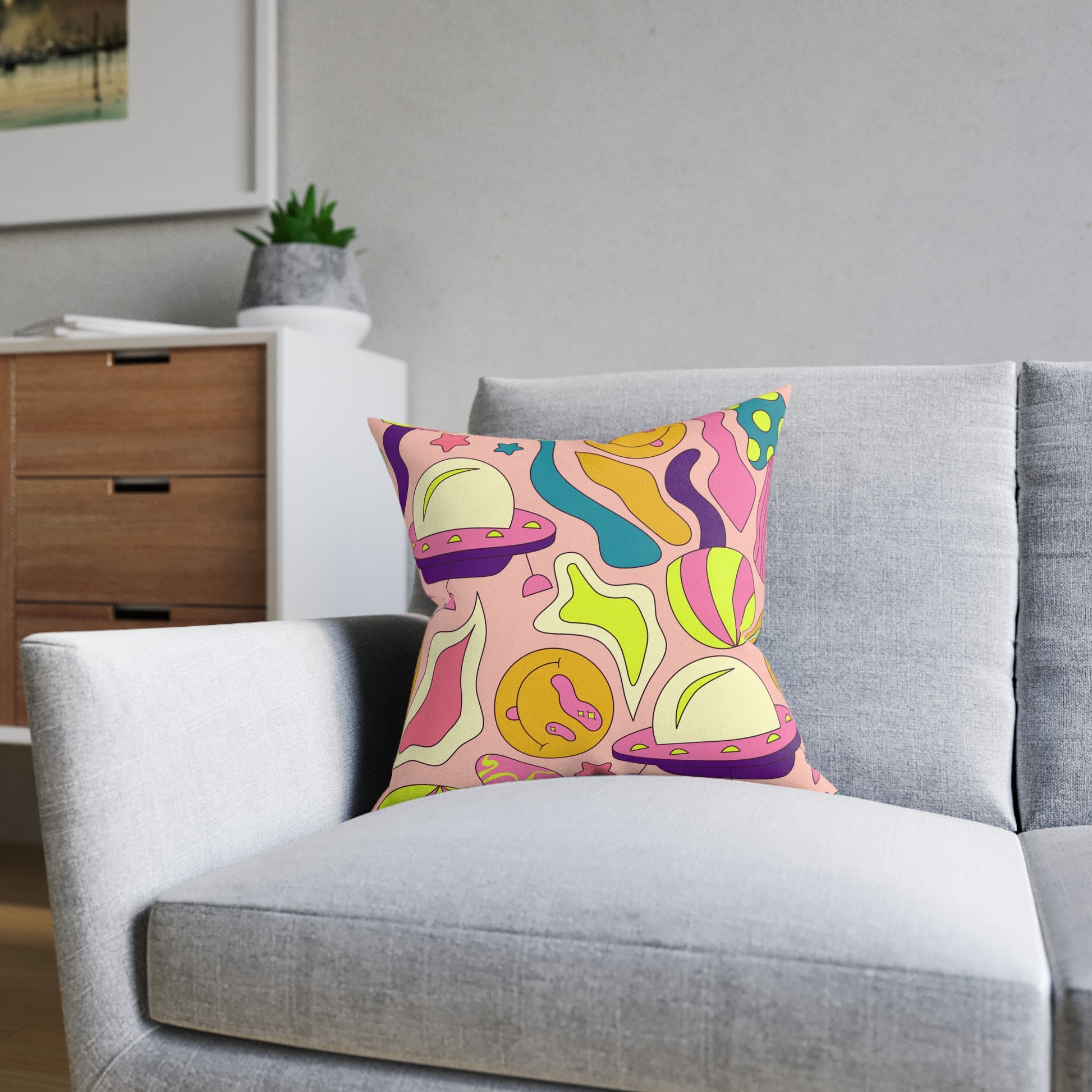 Trippy Spaceships Pink Square Pillow, Artsulli - Art is Long, Life is Short, Home Decor, , , , , , , 