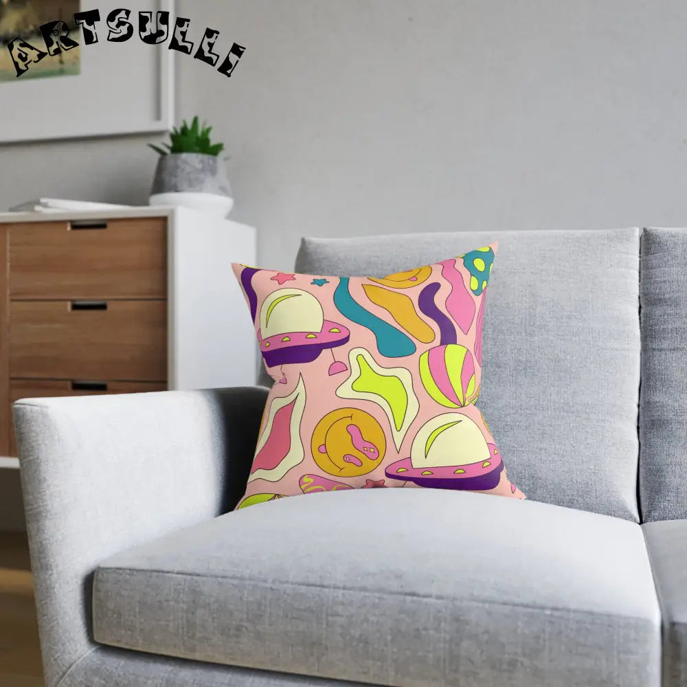 JAKKOUTTHEBXX Trippy Spaceships Pink Square Pillow JAKKOUTTHEBXX