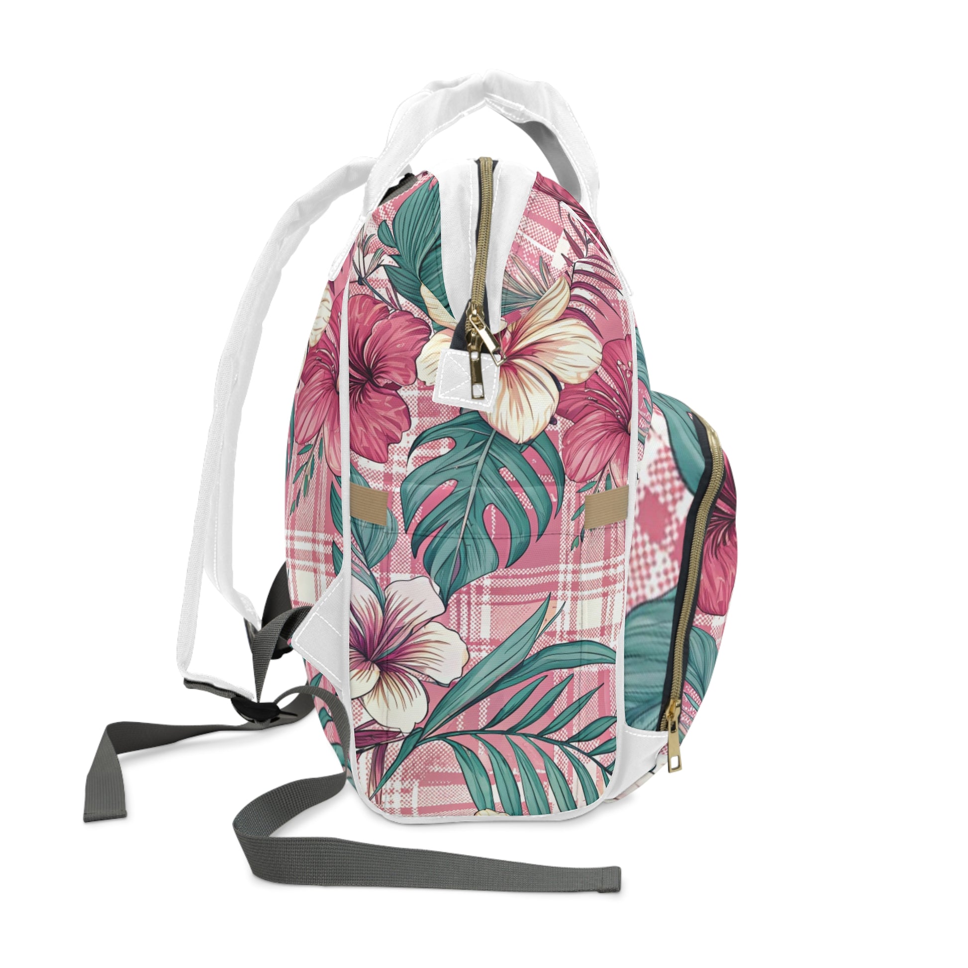 Plaid x Floral Burgundy and Green Multifunctional Diaper Backpack, Artsulli - Art is Long, Life is Short, Bags, , , , , , , 