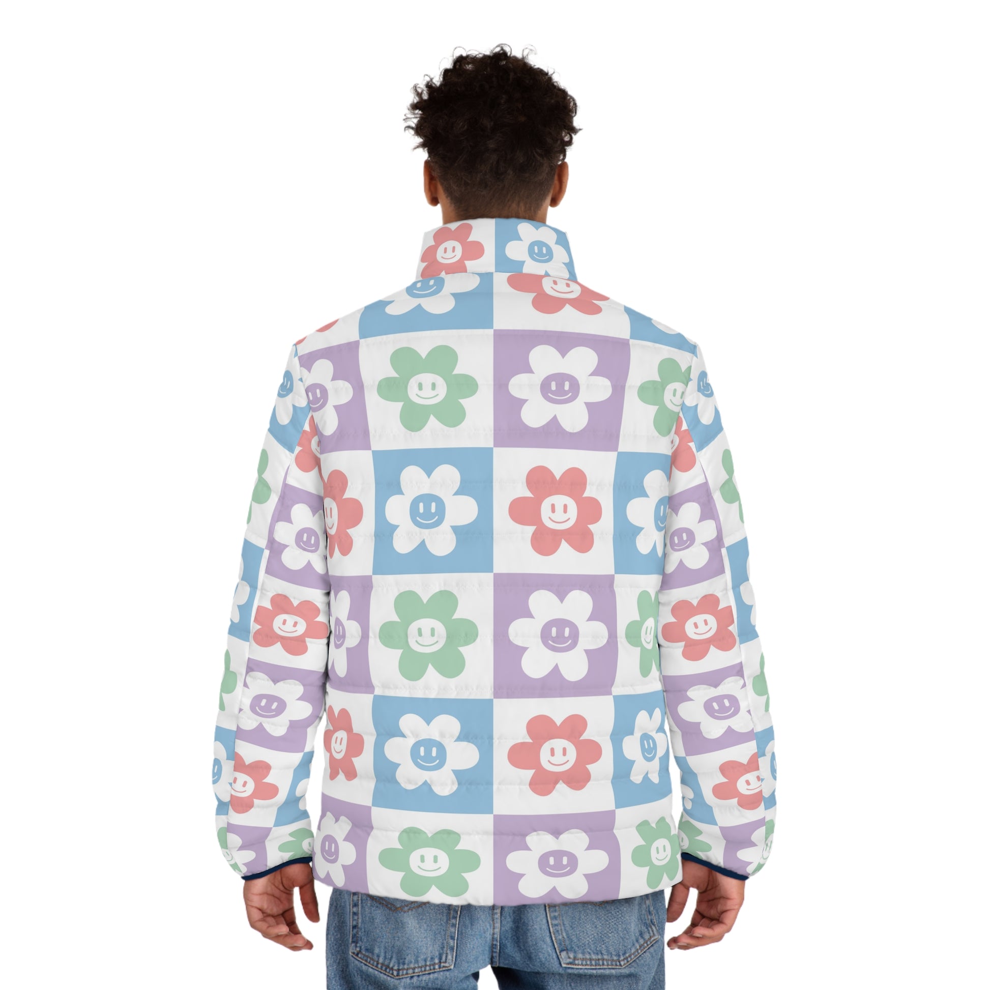Chessboard x Smiley Face Flowers Multi-Color Men's Puffer Jacket (AOP), Artsulli - Art is Long, Life is Short, All Over Prints, , , , , , , 