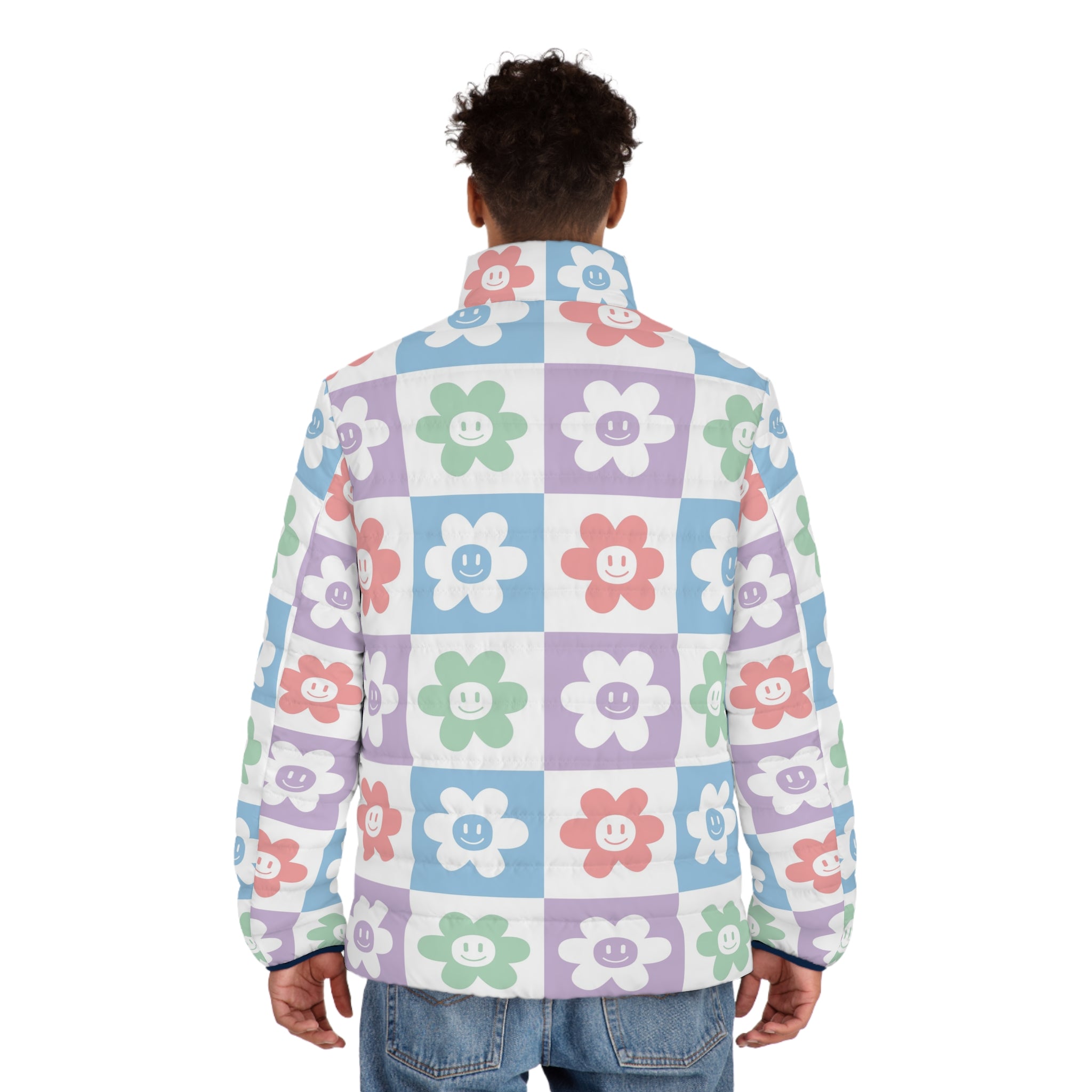 Chessboard x Smiley Face Flowers Multi-Color Men's Puffer Jacket (AOP), Artsulli - Art is Long, Life is Short, All Over Prints, , , , , , , 