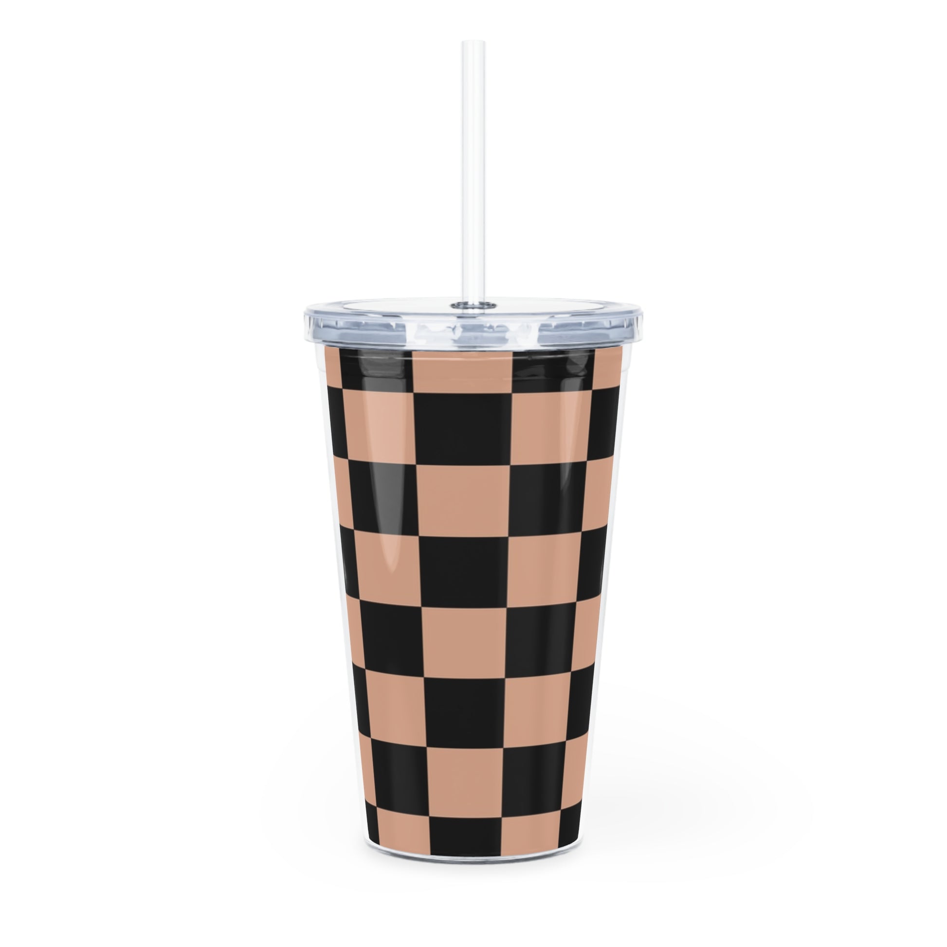 Checkerboard Soft Orange and Black Plastic Tumbler with Straw, Artsulli - Art is Long, Life is Short, Mug, , , , , , , 