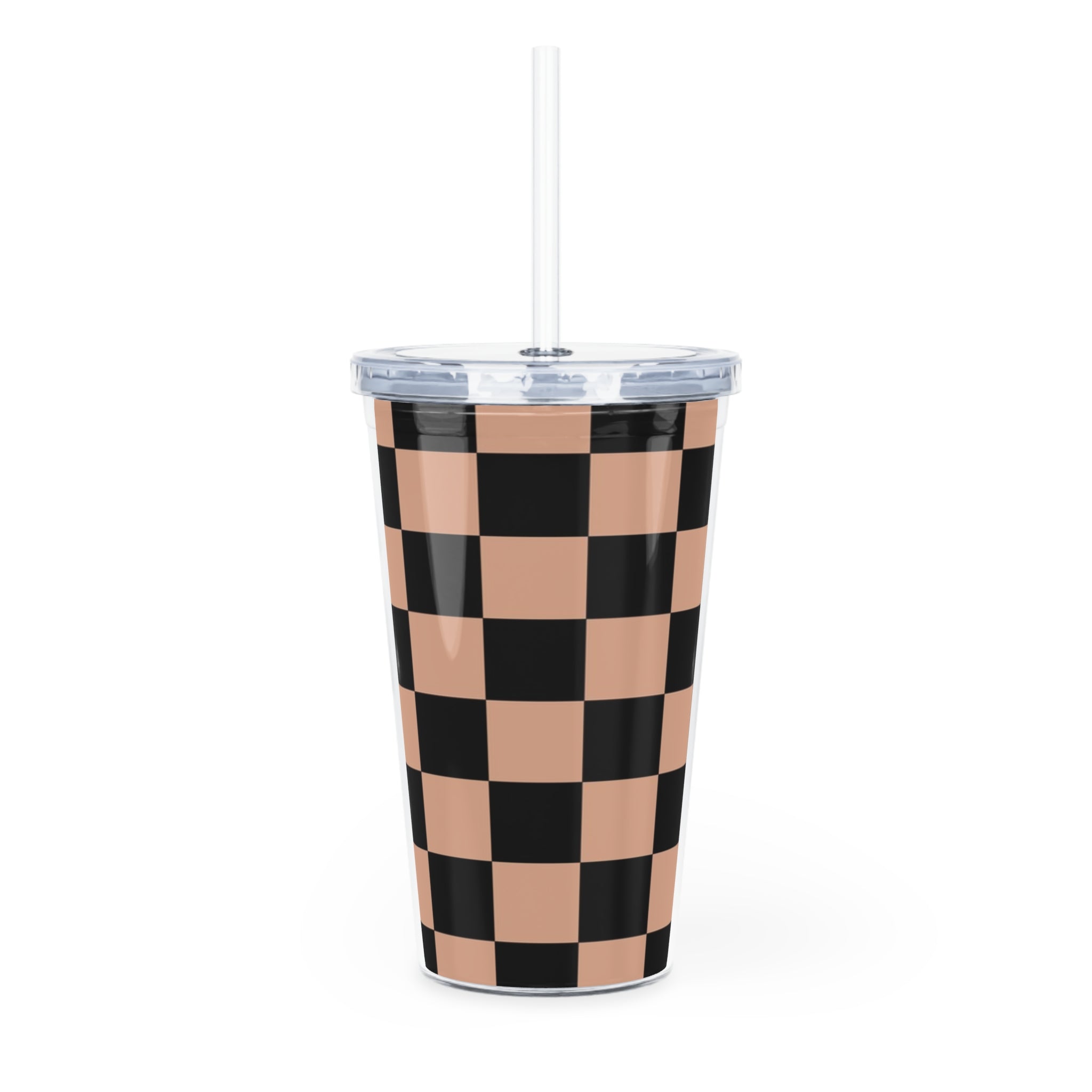 Checkerboard Soft Orange and Black Plastic Tumbler with Straw, Artsulli - Art is Long, Life is Short, Mug, , , , , , , 