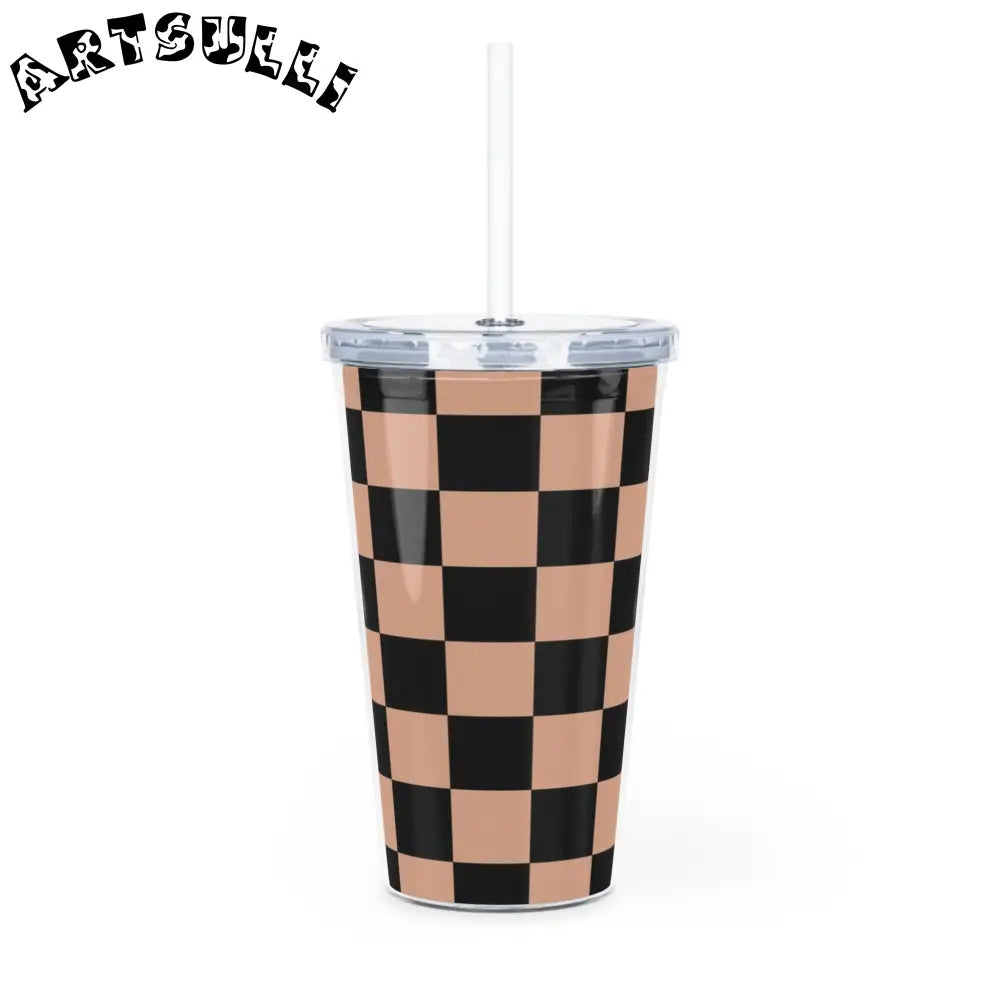 JAKKOUTTHEBXX Checkerboard Soft Orange and Black Plastic Tumbler