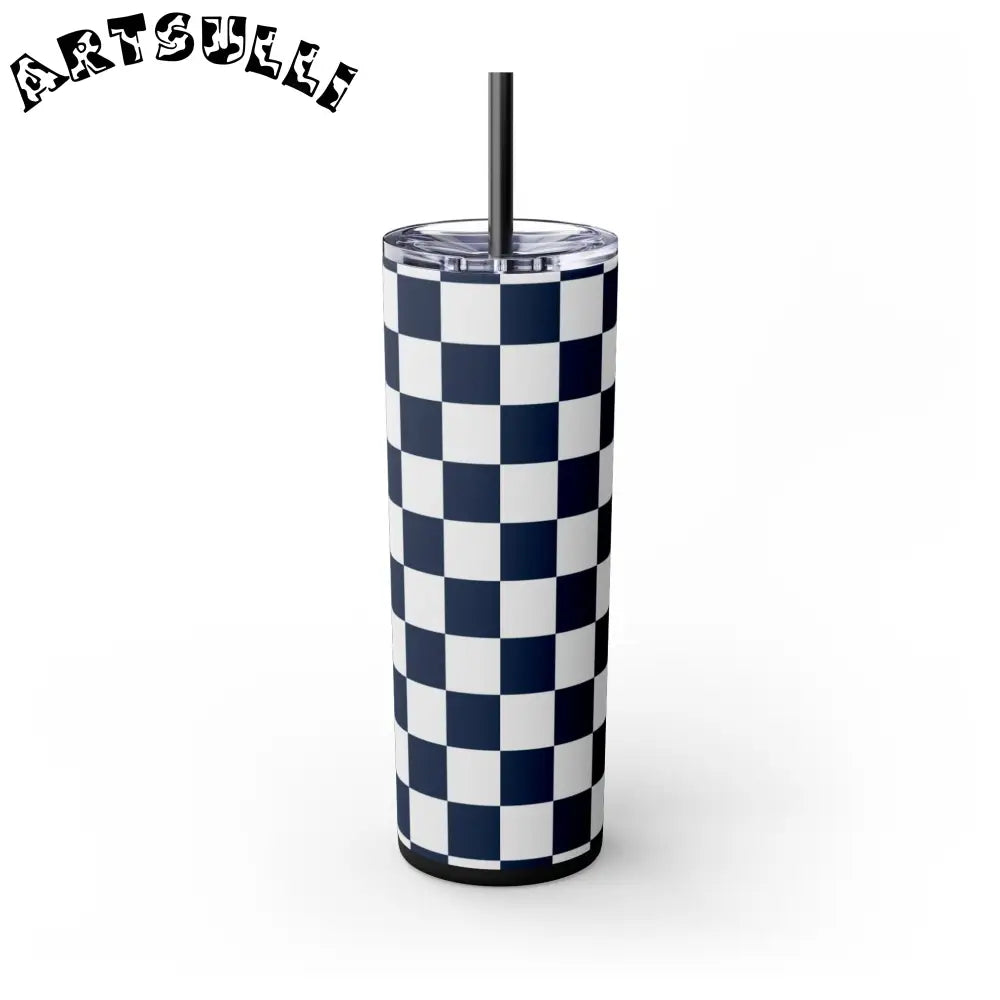 JAKKOUTTHEBXX Checkerboard White and Navy Blue Skinny Tumbler