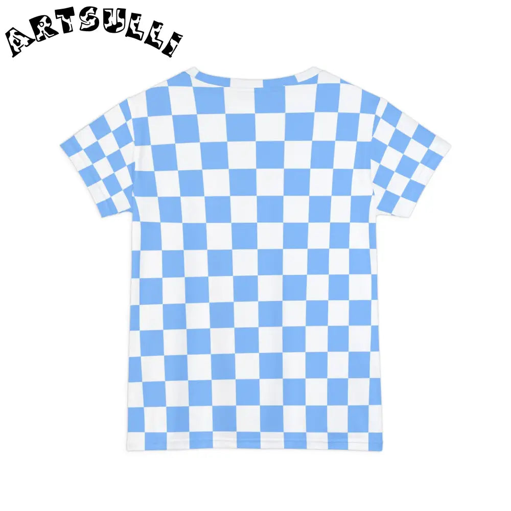 JAKKOUTTHEBXX Checkerboard White and Light Blue Women’s Short Sleeve