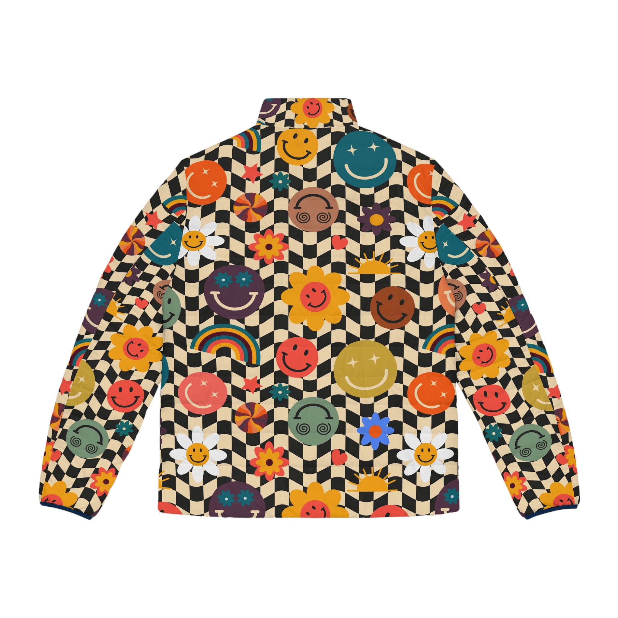 Trippy x Wavy Checkerboard x Smiley Face x Rainbow x Flowers Multi-Color Men's Puffer Jacket (AOP), Artsulli - Art is Long, Life is Short, All Over Prints, , , , , , , 