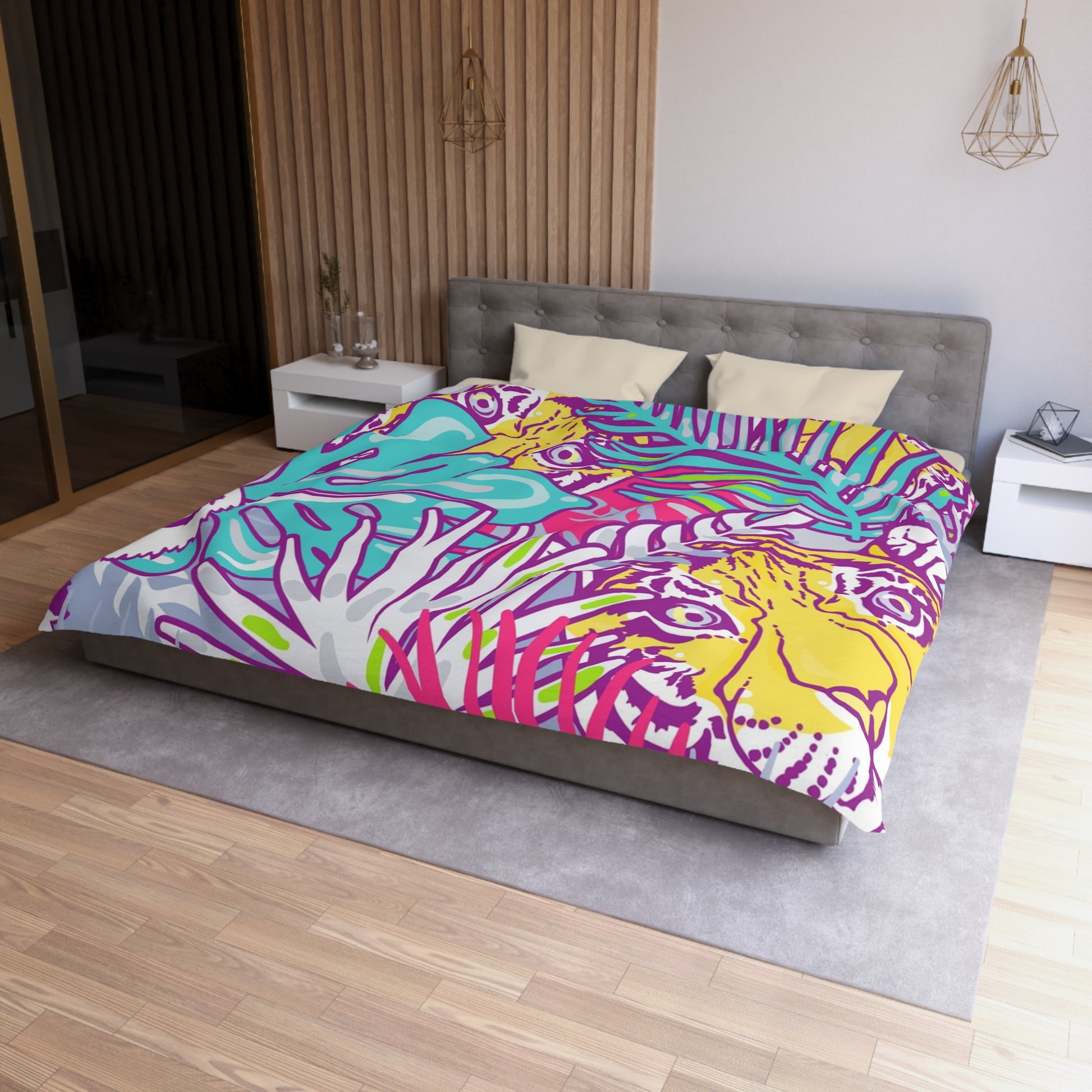 Tropical Floral Tigers Torquise and Purple Microfiber Duvet Cover, Artsulli - Art is Long, Life is Short, Home Decor, , , , , , , 